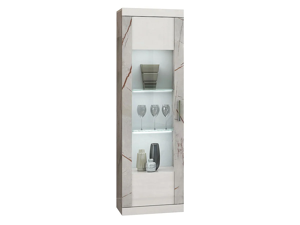 Vitrine 1 porte réversible + Led blanche et aspect marbre gris-brun - NERVY