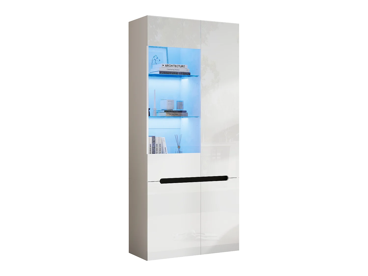 Display cabinet with 4 doors, 8 compartments and Bluetooth LED lighting - MDF and tempered glass - 80 x 35 x 180 cm - White