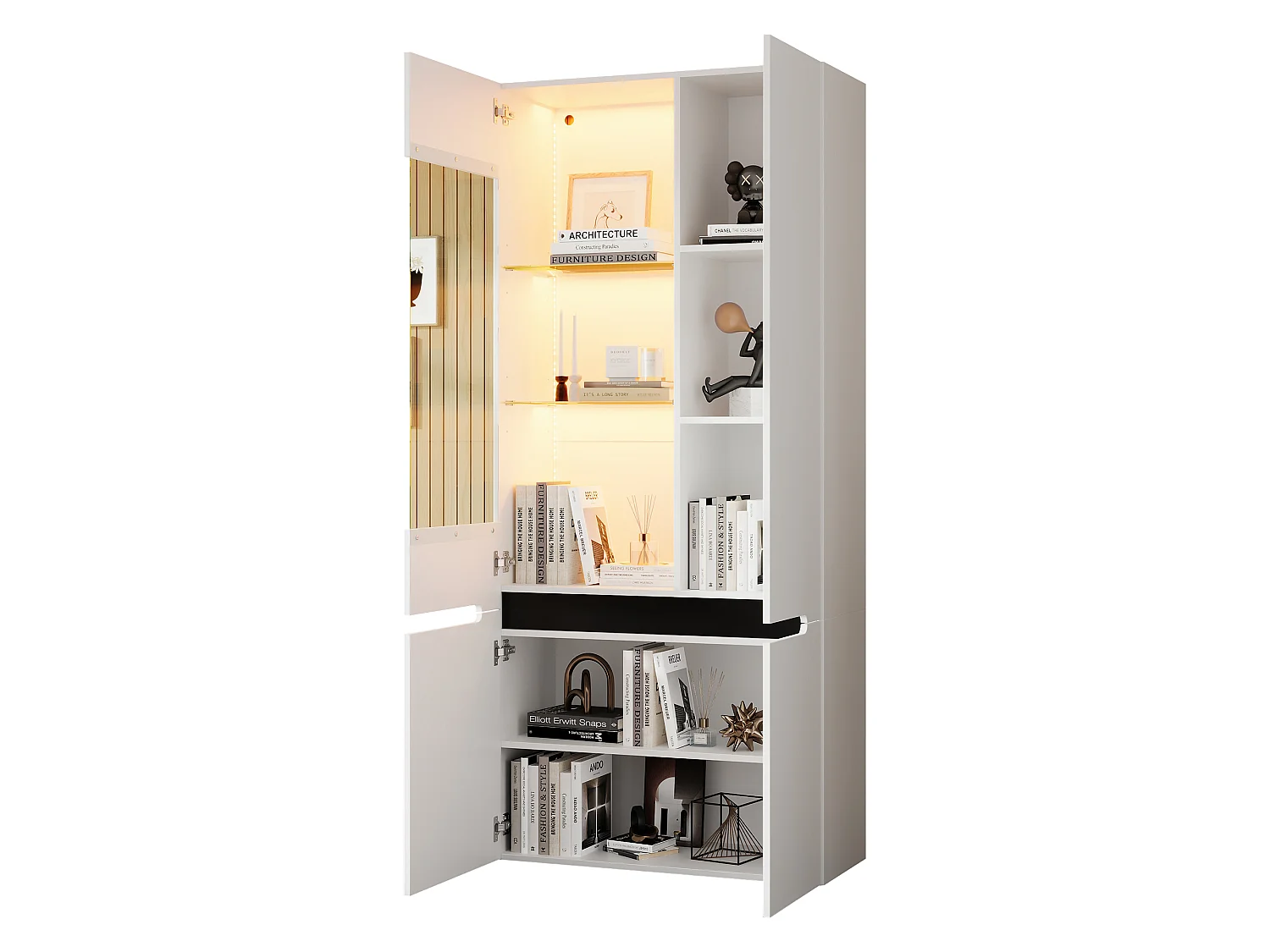Display cabinet with 4 doors, 8 compartments and Bluetooth LED lighting - MDF and tempered glass - 80 x 35 x 180 cm - White