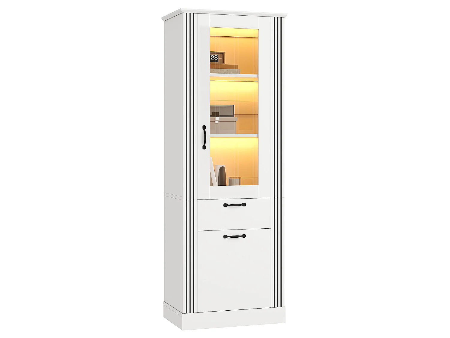 Tall display cabinet with 2 doors, 1 drawer and LED lighting - Particleboard - 62 x 41 x 180 cm - White
