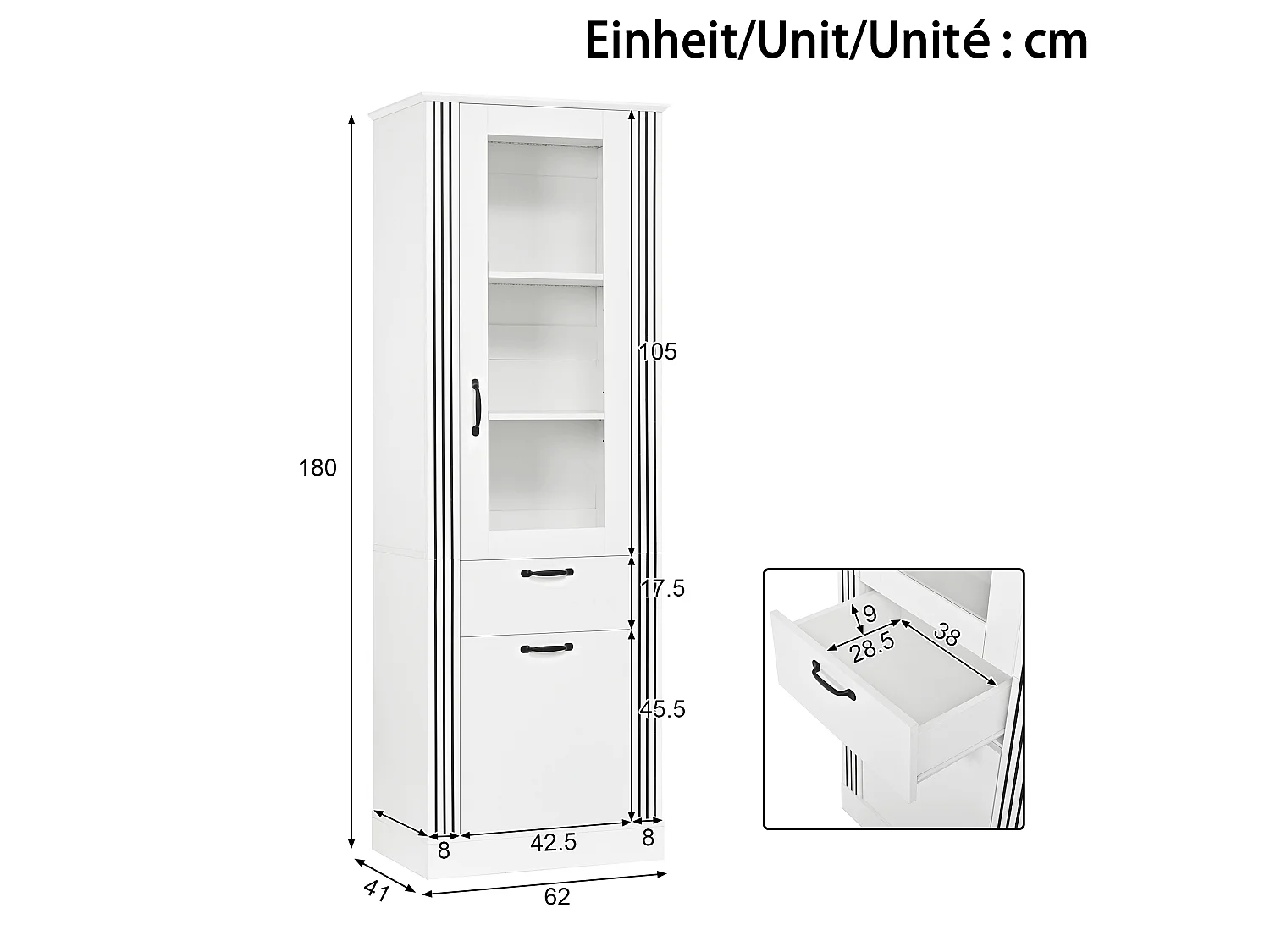 Tall display cabinet with 2 doors, 1 drawer and LED lighting - Particleboard - 62 x 41 x 180 cm - White