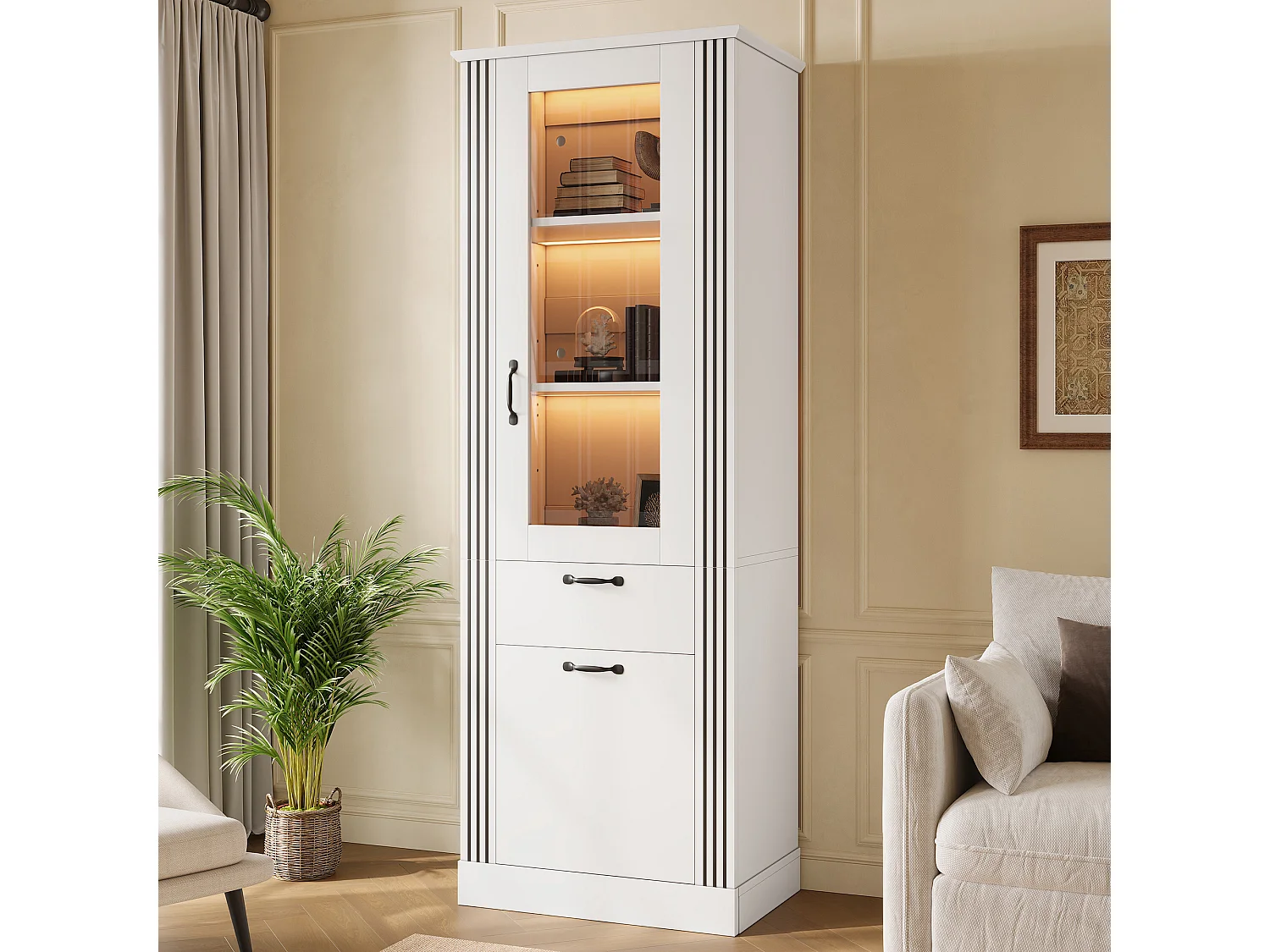 Tall display cabinet with 2 doors, 1 drawer and LED lighting - Particleboard - 62 x 41 x 180 cm - White