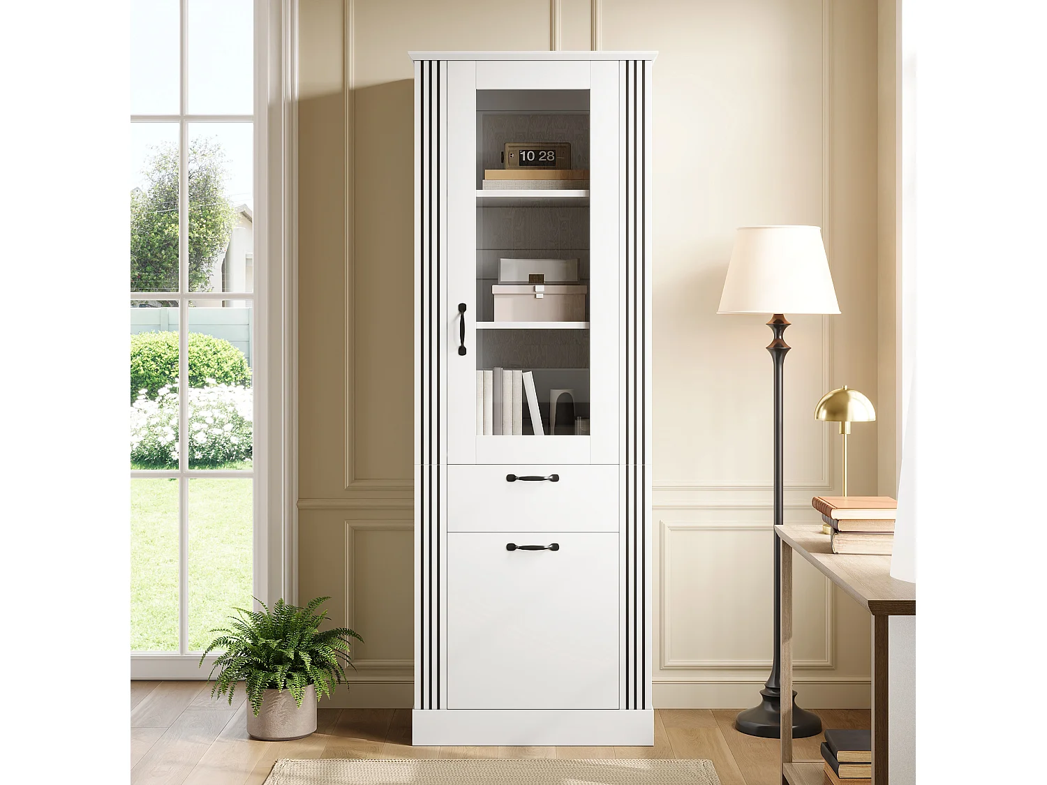 Tall display cabinet with 2 doors, 1 drawer and LED lighting - Particleboard - 62 x 41 x 180 cm - White