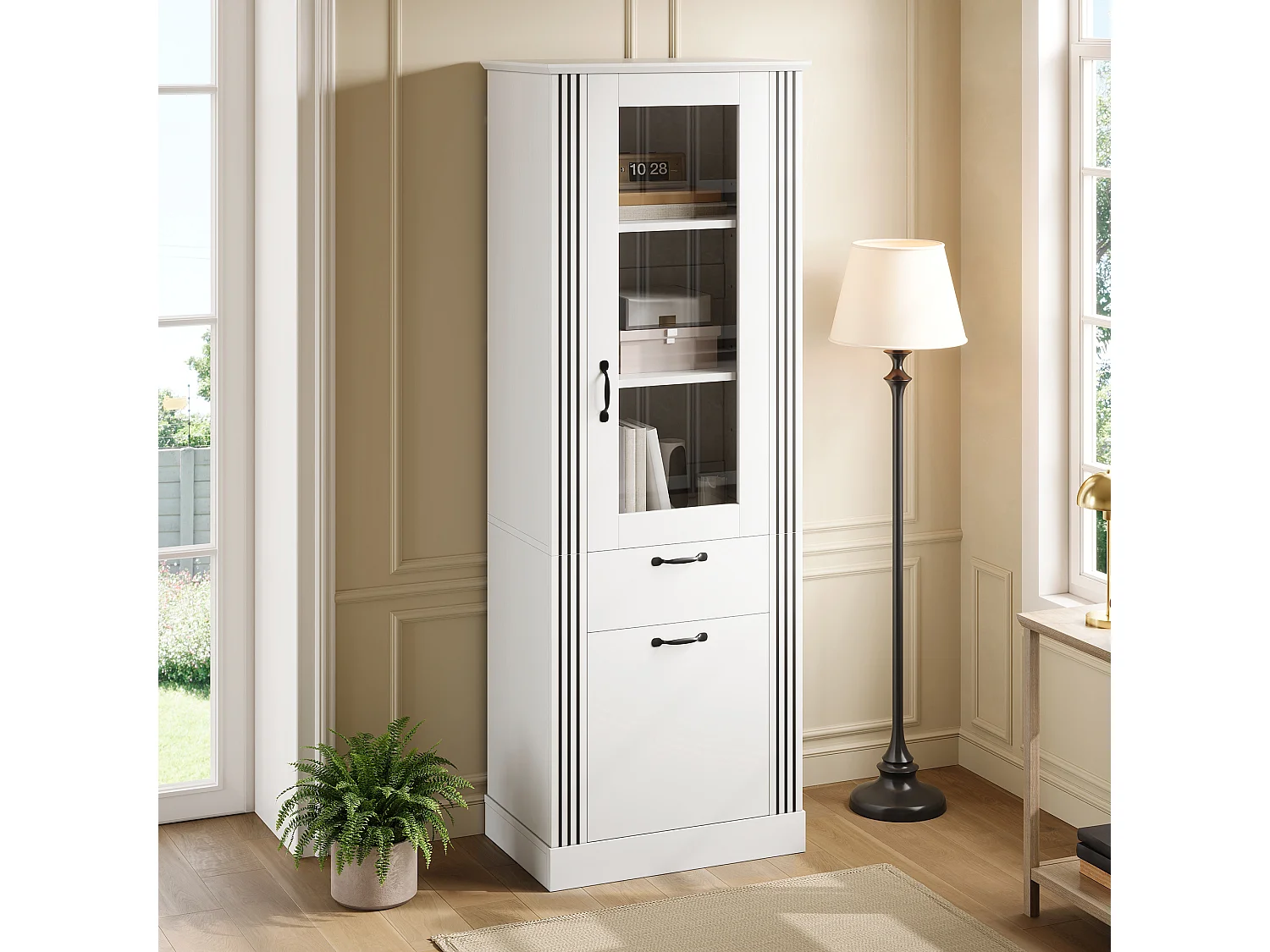 Tall display cabinet with 2 doors, 1 drawer and LED lighting - Particleboard - 62 x 41 x 180 cm - White