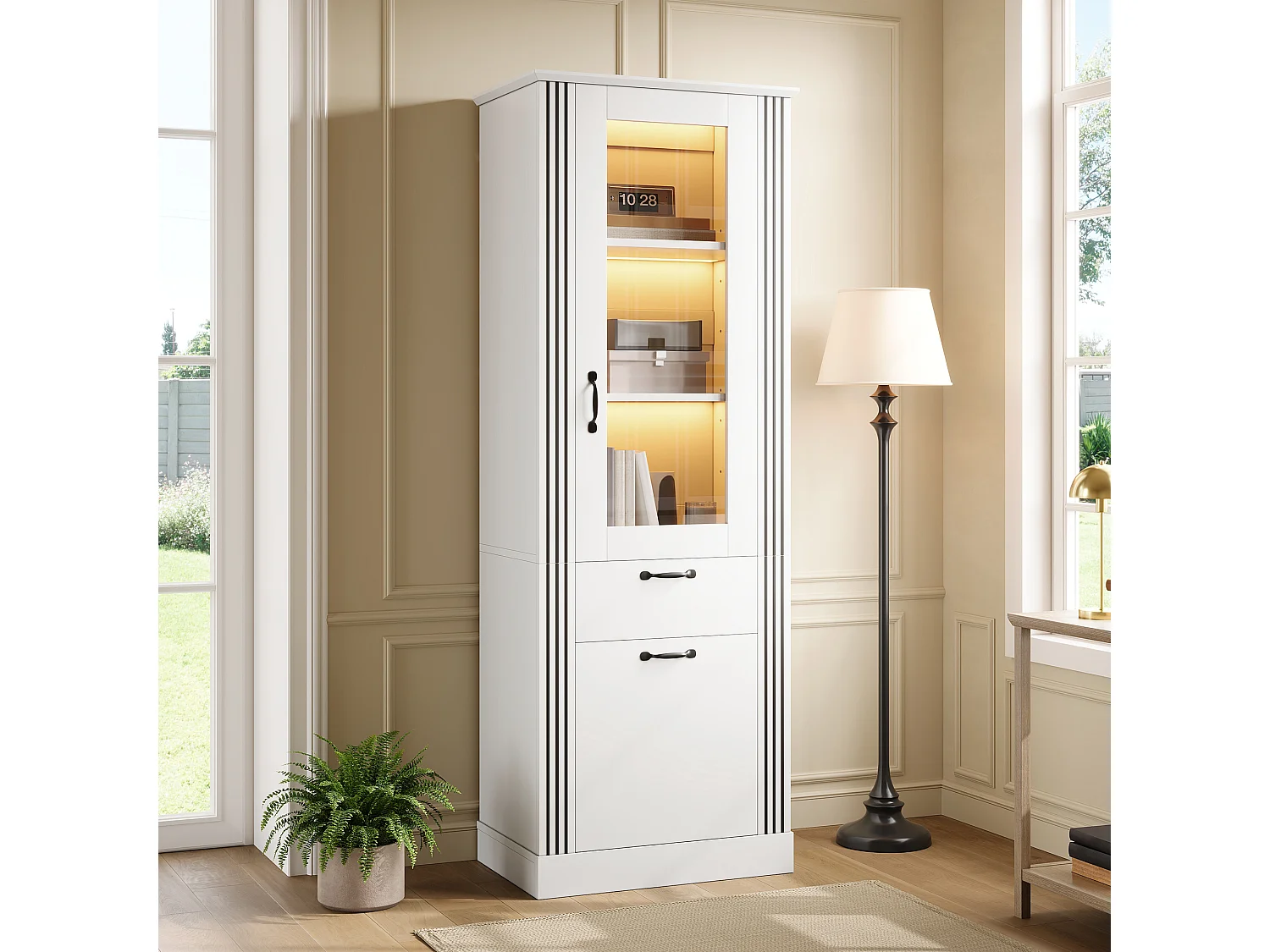 Tall display cabinet with 2 doors, 1 drawer and LED lighting - Particleboard - 62 x 41 x 180 cm - White
