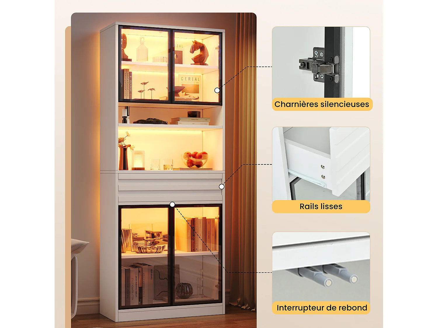 Display cabinet with 4 glass doors, 1 drawer and RGB LED lighting - MDF - 80 x 35 x 200 cm - White