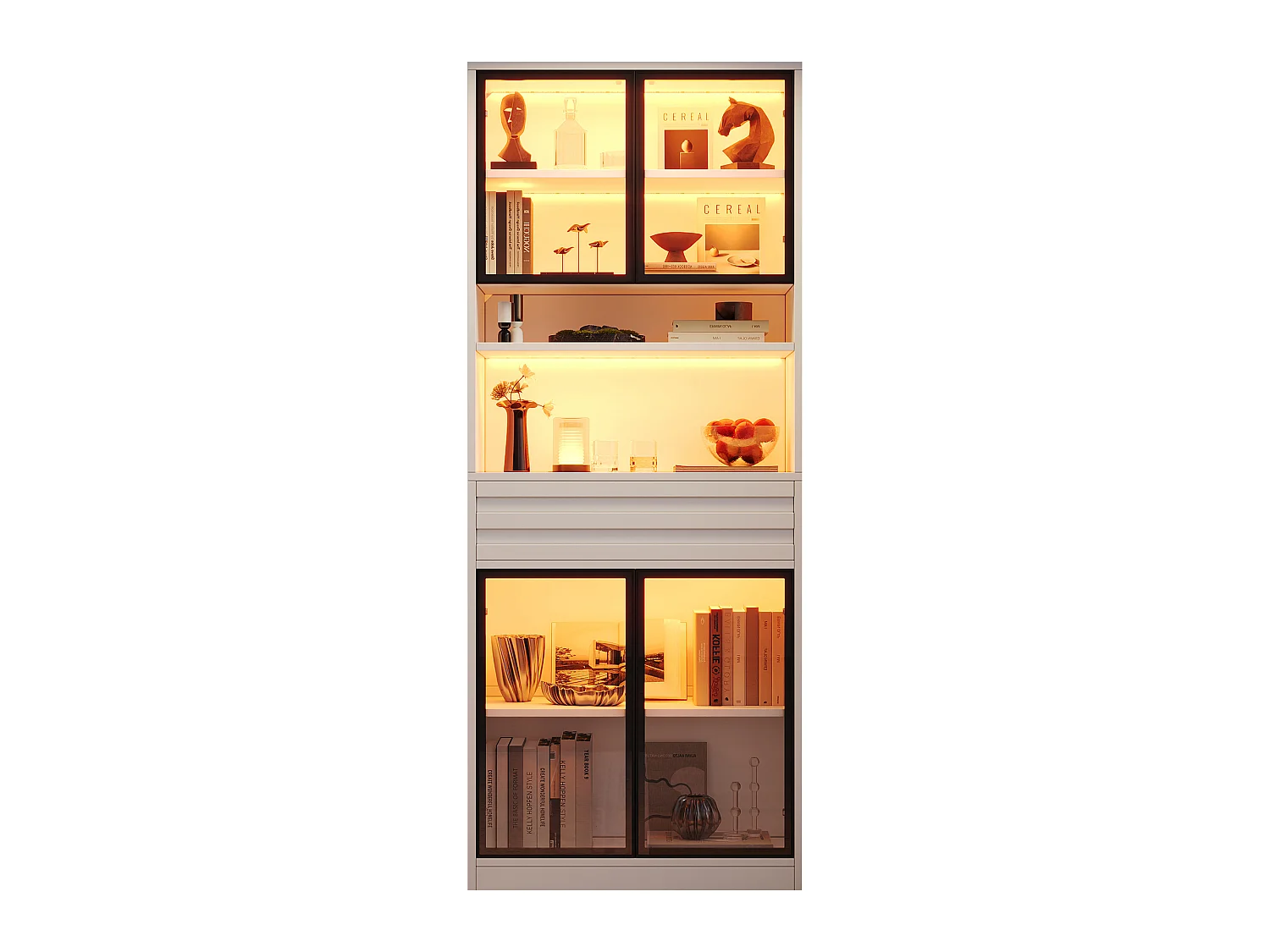 Display cabinet with 4 glass doors, 1 drawer and RGB LED lighting - MDF - 80 x 35 x 200 cm - White