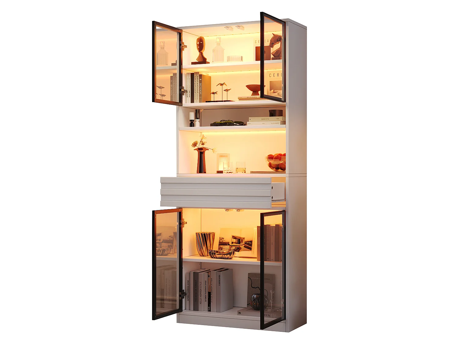 Display cabinet with 4 glass doors, 1 drawer and RGB LED lighting - MDF - 80 x 35 x 200 cm - White