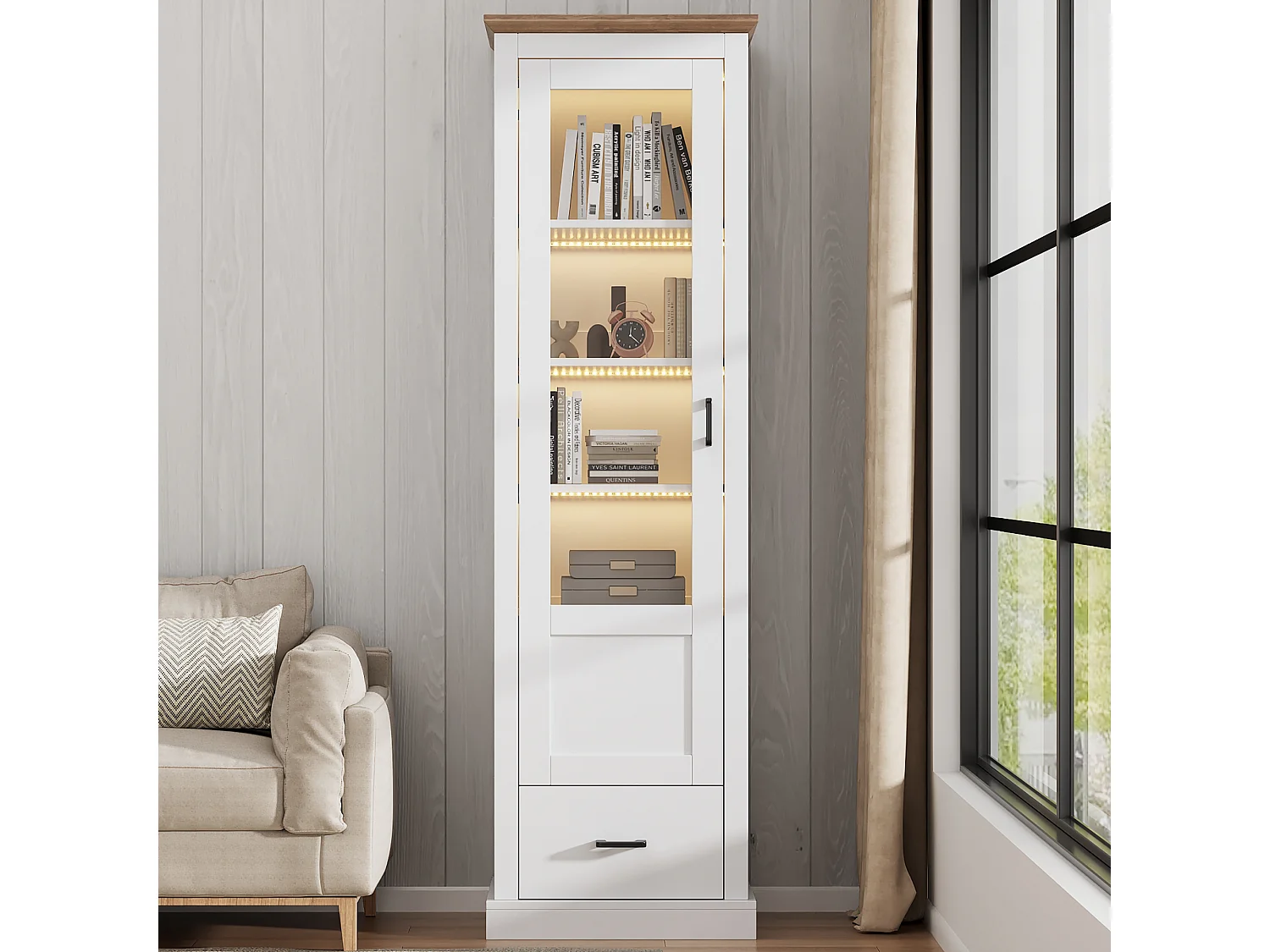 Display cabinet with 1 door, 1 drawer and USB LED lighting - Particleboard and tempered glass - 50 x 35 x 178 cm - White and natural wood