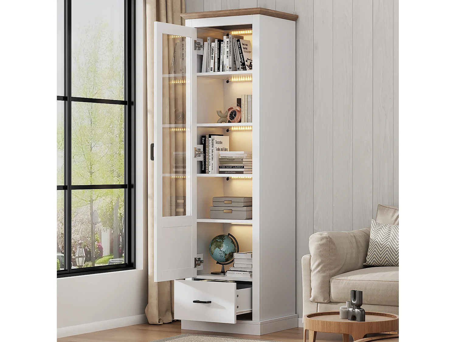 Display cabinet with 1 door, 1 drawer and USB LED lighting - Particleboard and tempered glass - 50 x 35 x 178 cm - White and natural wood