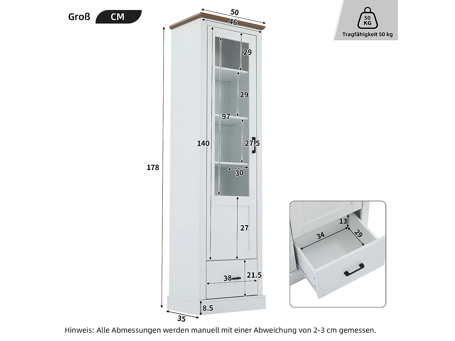 Display cabinet with 1 door, 1 drawer and USB LED lighting - Particleboard and tempered glass - 50 x 35 x 178 cm - White and natural wood