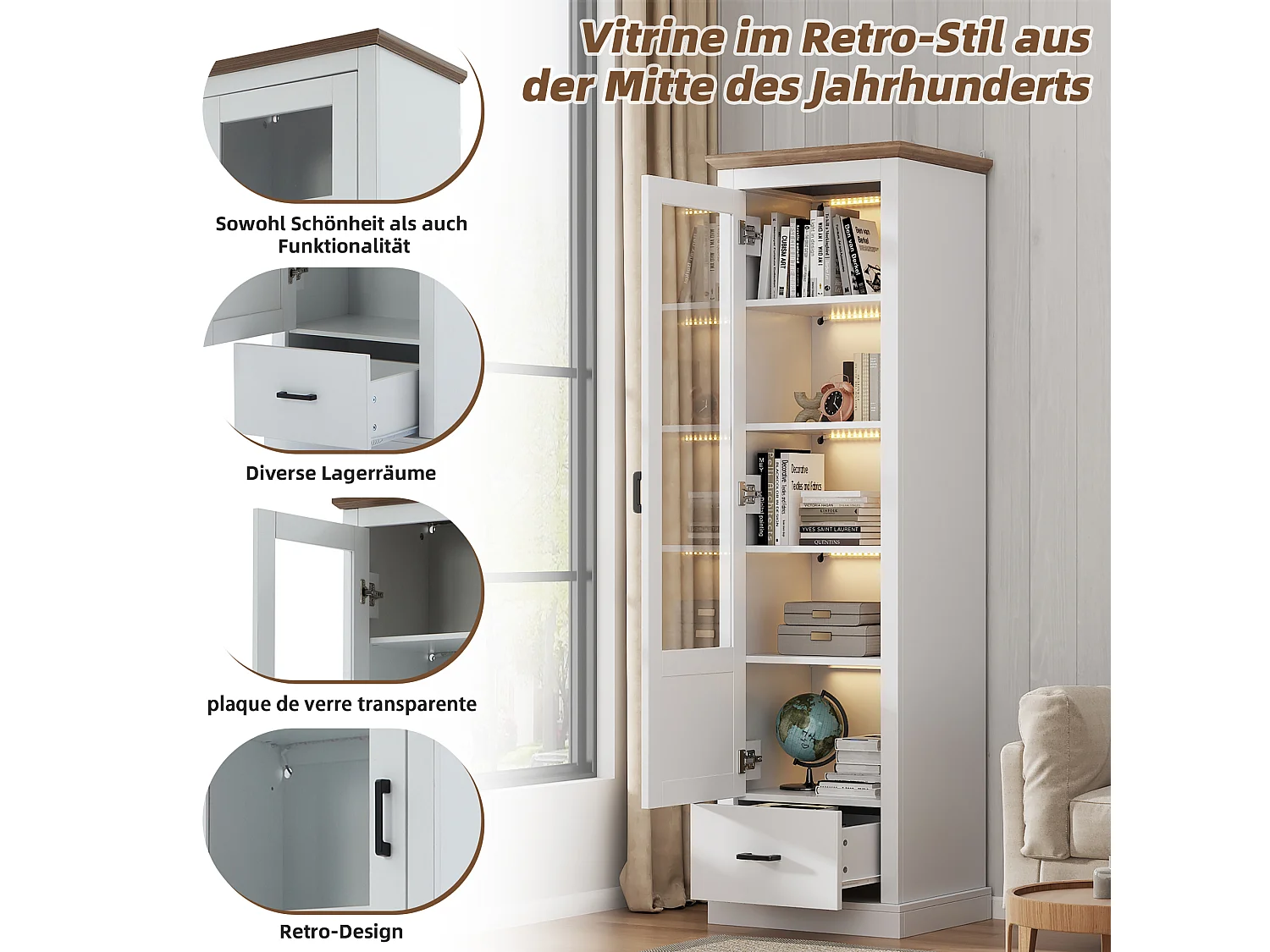 Display cabinet with 1 door, 1 drawer and USB LED lighting - Particleboard and tempered glass - 50 x 35 x 178 cm - White and natural wood