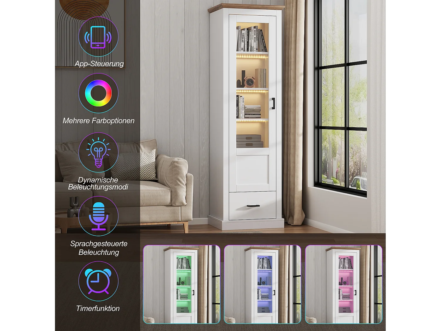 Display cabinet with 1 door, 1 drawer and USB LED lighting - Particleboard and tempered glass - 50 x 35 x 178 cm - White and natural wood