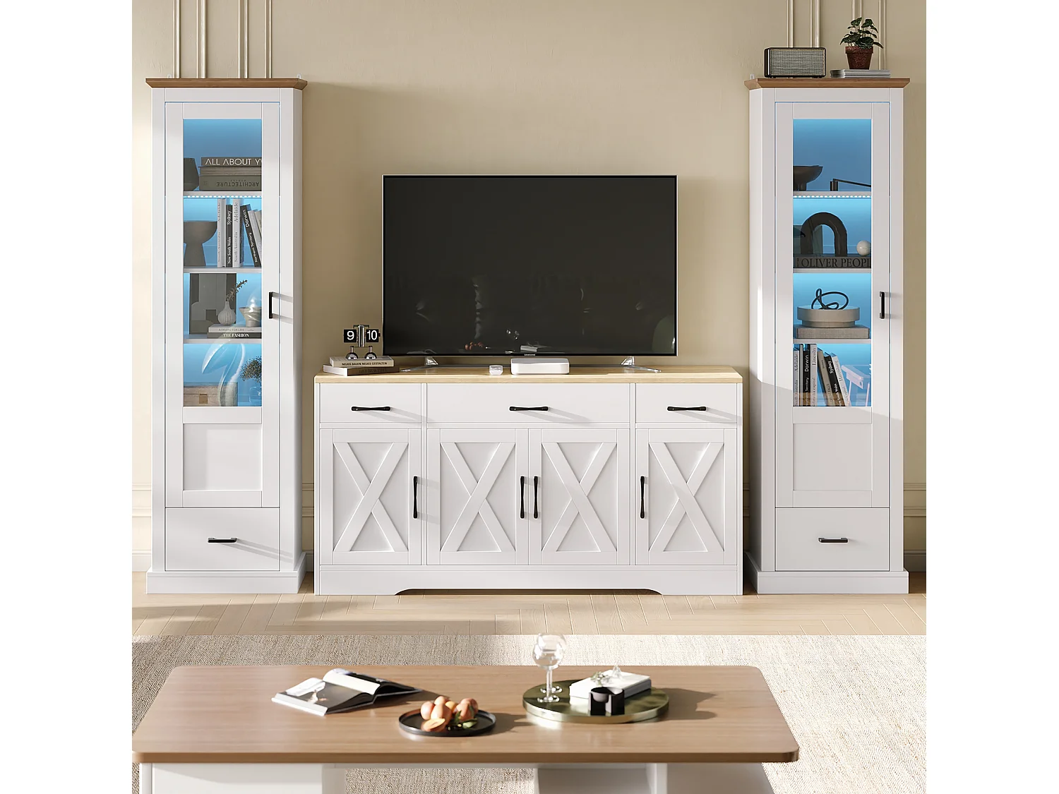 Display cabinet with 1 door, 1 drawer and USB LED lighting - Particleboard and tempered glass - 50 x 35 x 178 cm - White and natural wood