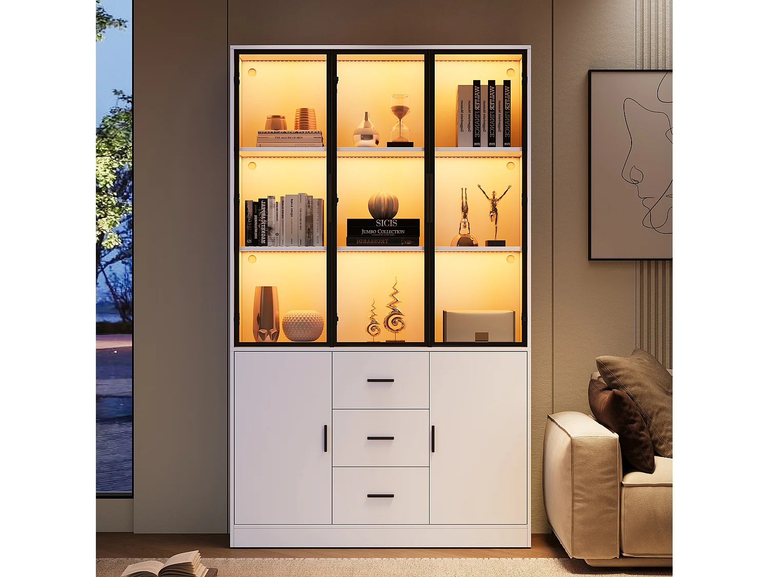 Display cabinet with 5 doors, 3 drawers, 13 compartments and Bluetooth RGB LED lighting - Particleboard - 120 x 30 x 200 cm - White