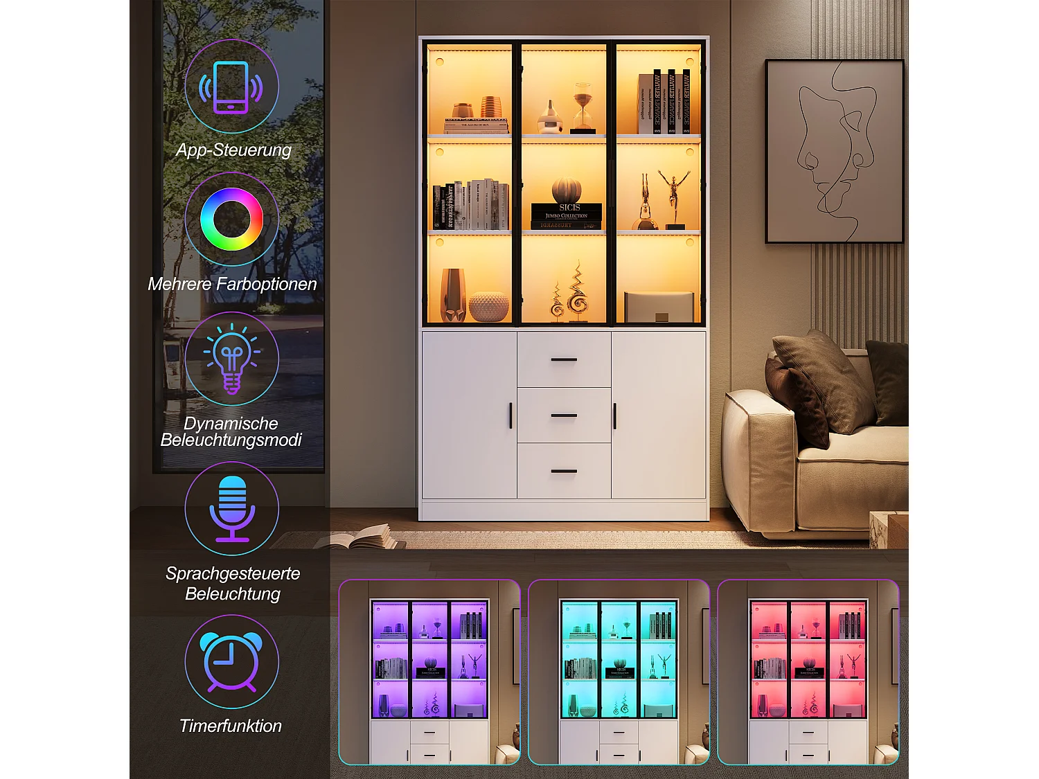 Display cabinet with 5 doors, 3 drawers, 13 compartments and Bluetooth RGB LED lighting - Particleboard - 120 x 30 x 200 cm - White