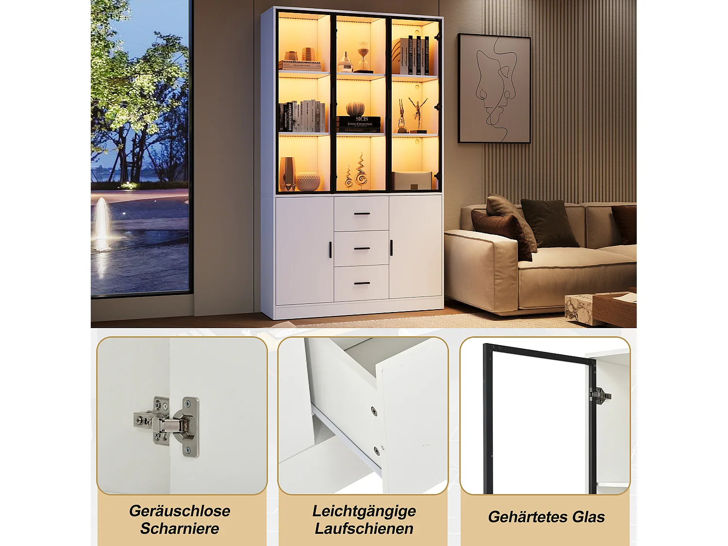 Display cabinet with 5 doors, 3 drawers, 13 compartments and Bluetooth RGB LED lighting - Particleboard - 120 x 30 x 200 cm - White