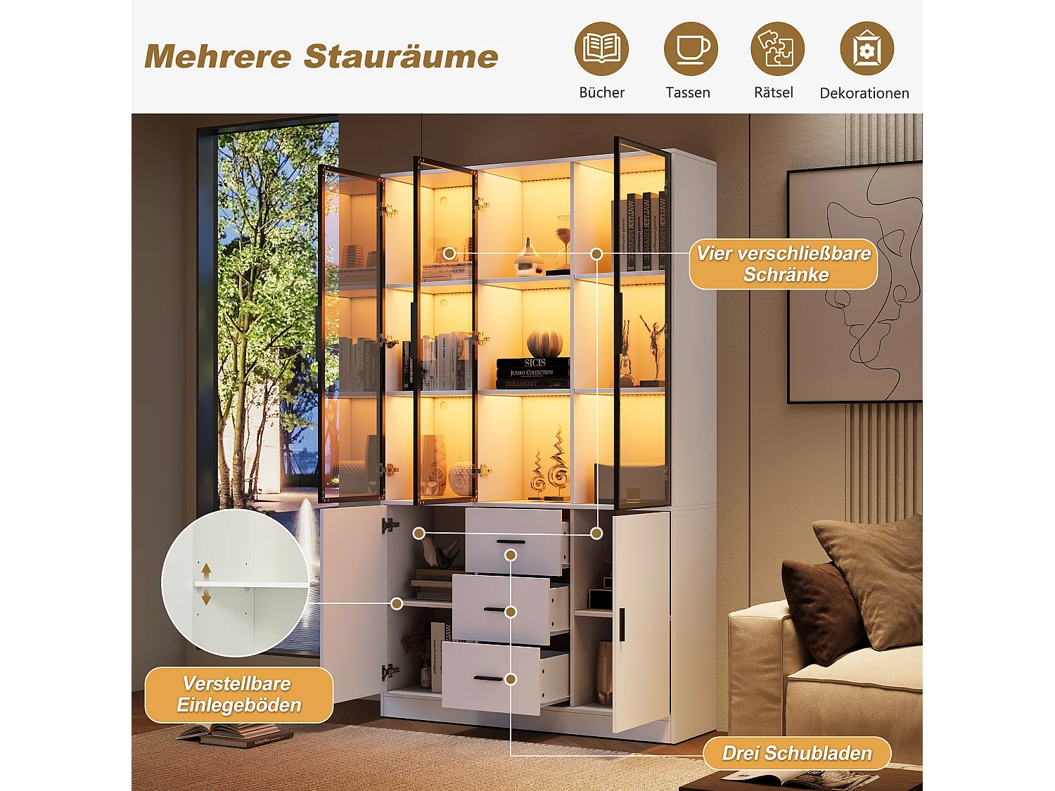 Display cabinet with 5 doors, 3 drawers, 13 compartments and Bluetooth RGB LED lighting - Particleboard - 120 x 30 x 200 cm - White