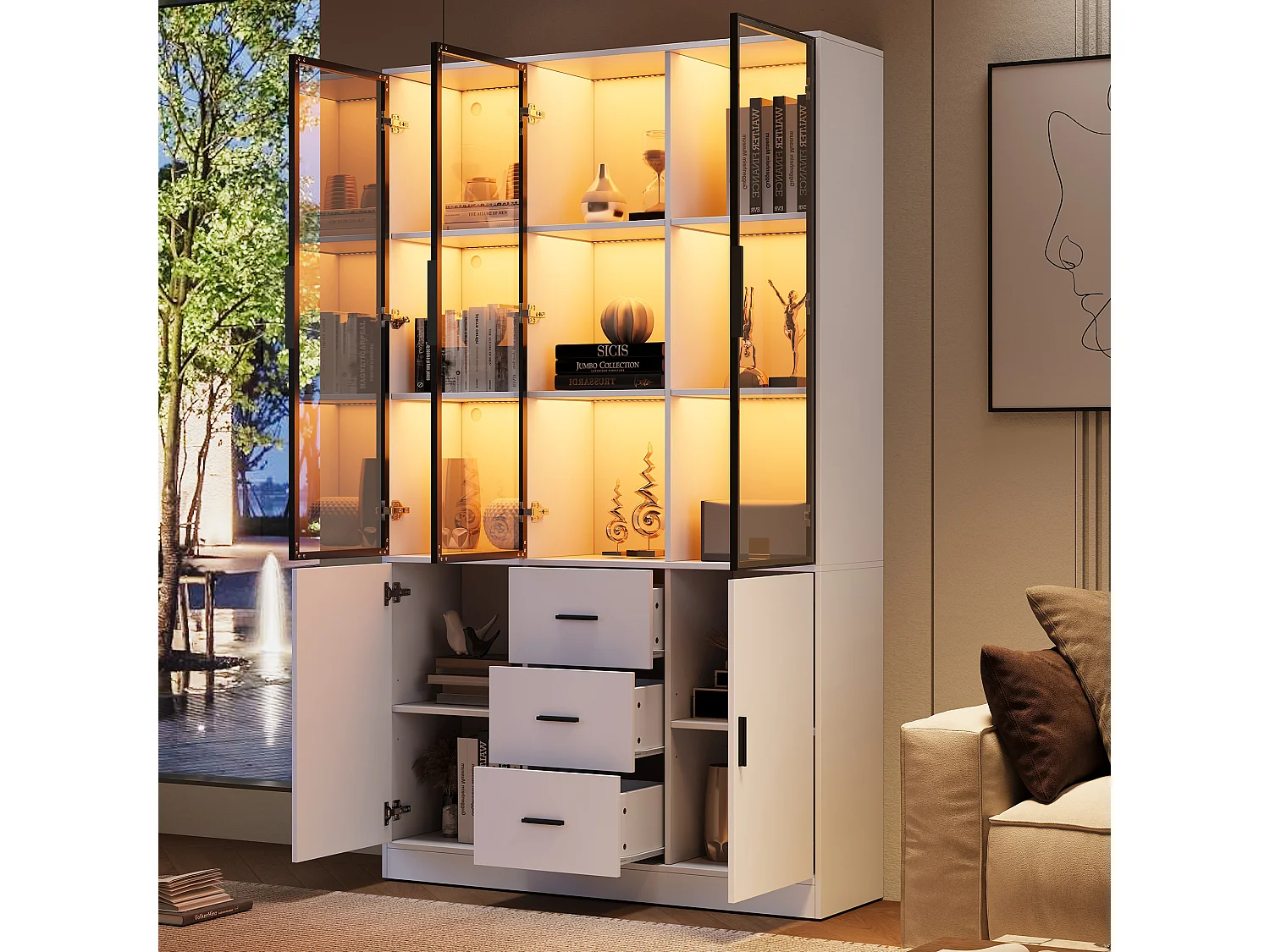 Display cabinet with 5 doors, 3 drawers, 13 compartments and Bluetooth RGB LED lighting - Particleboard - 120 x 30 x 200 cm - White