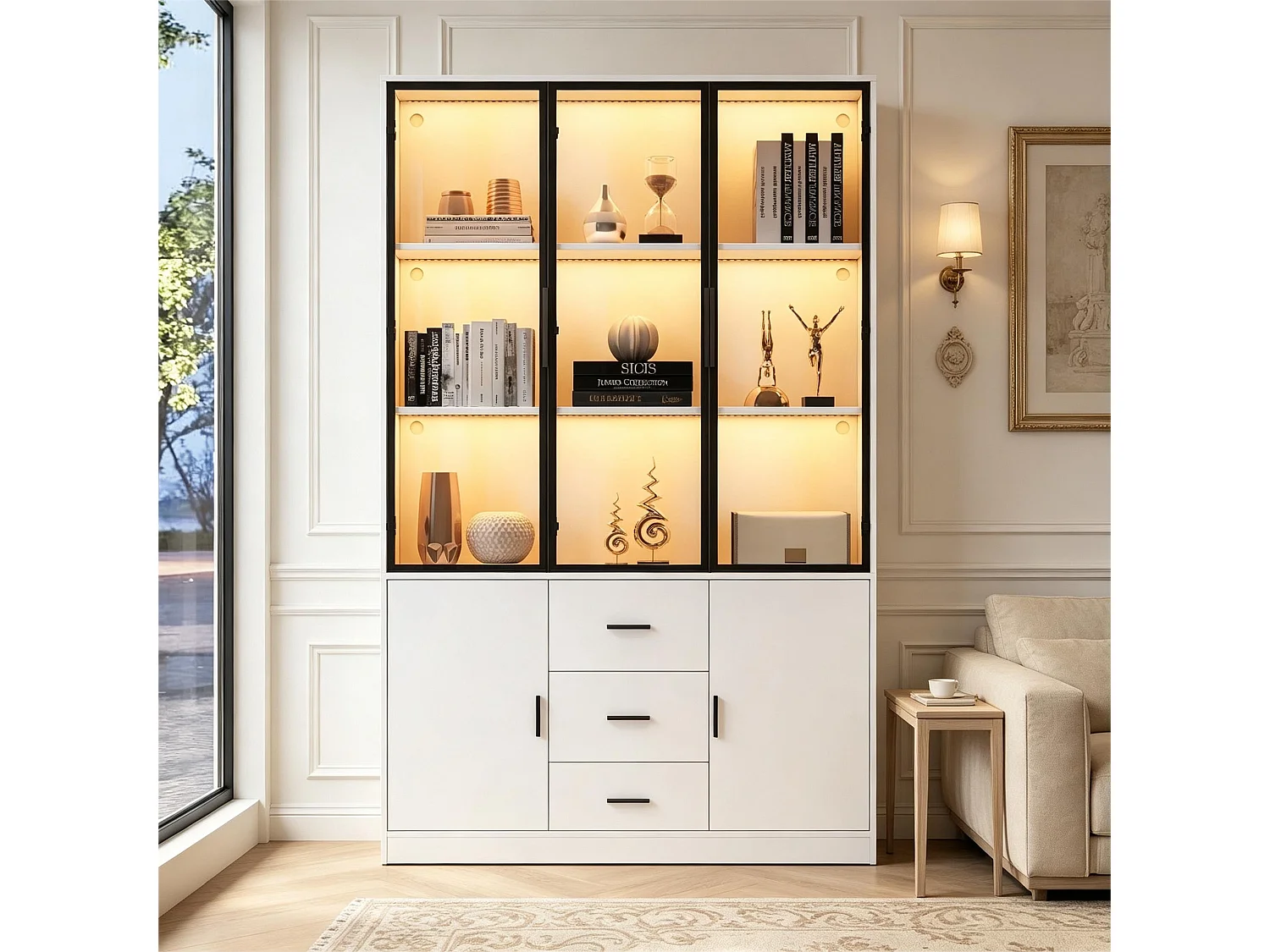 Display cabinet with 5 doors, 3 drawers, 13 compartments and Bluetooth RGB LED lighting - Particleboard - 120 x 30 x 200 cm - White