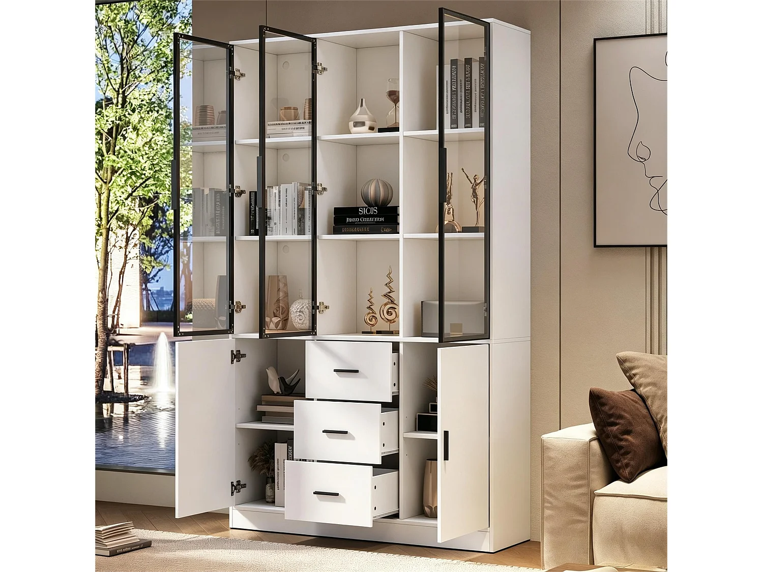 Display cabinet with 5 doors, 3 drawers, 13 compartments and Bluetooth RGB LED lighting - Particleboard - 120 x 30 x 200 cm - White
