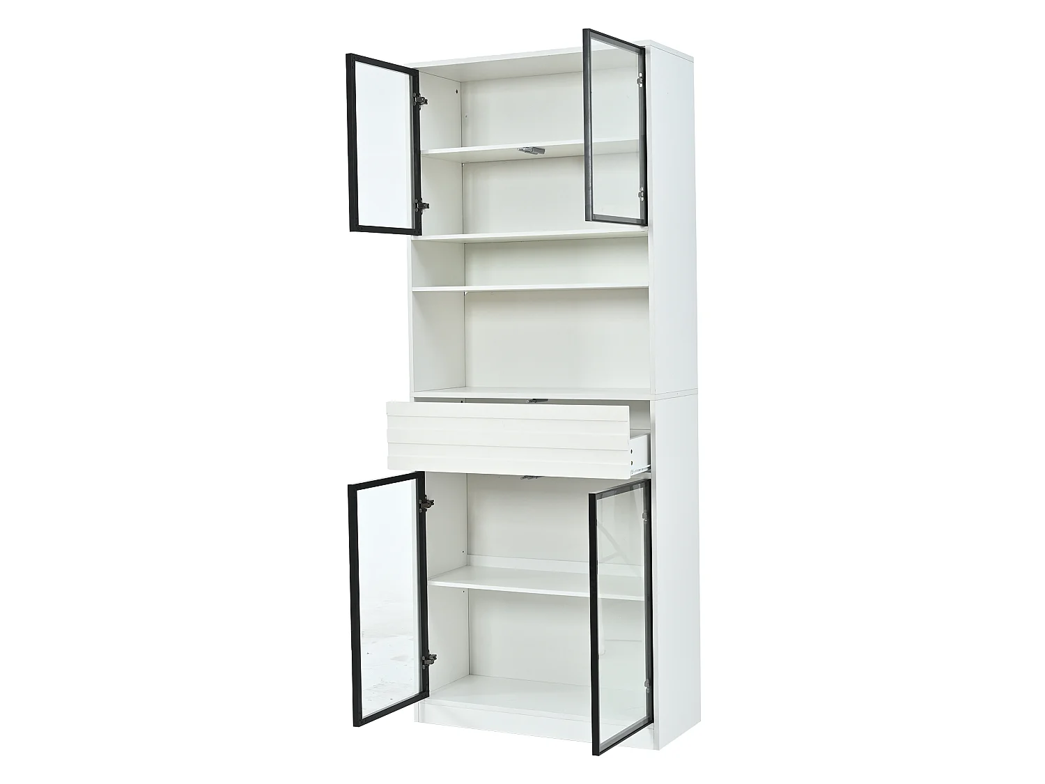 Set of 2 display cabinets with 8 glass doors, 2 drawers and LEDs - MDF - 160 x 35 x 200 cm - White