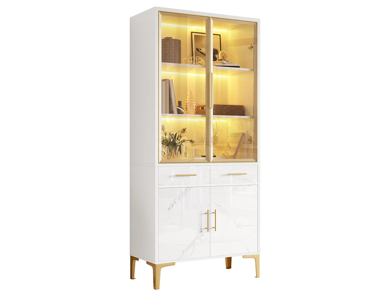 Display cabinet with 4 doors, LED lighting and 2 drawers - MDF and particleboard, glass - 75 x 38 x 170 cm - White