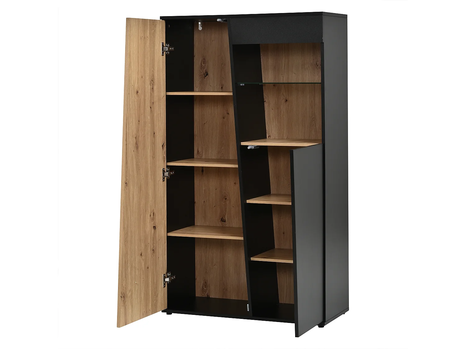 Vitrine avec 2 portes, 7 étagères et LED Bluetooth - MDF et panneaux de particules - 80 x 35 x 139,5 cm - Noir et bois