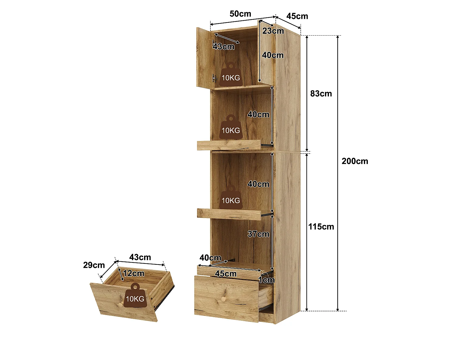 Kredens kuchenny z 2 drzwiami, 1 szufladą i 3 przesuwanymi przegródkami - MDF i płyta wiórowa - 50 x 45 x 200 cm - imitacja dębu