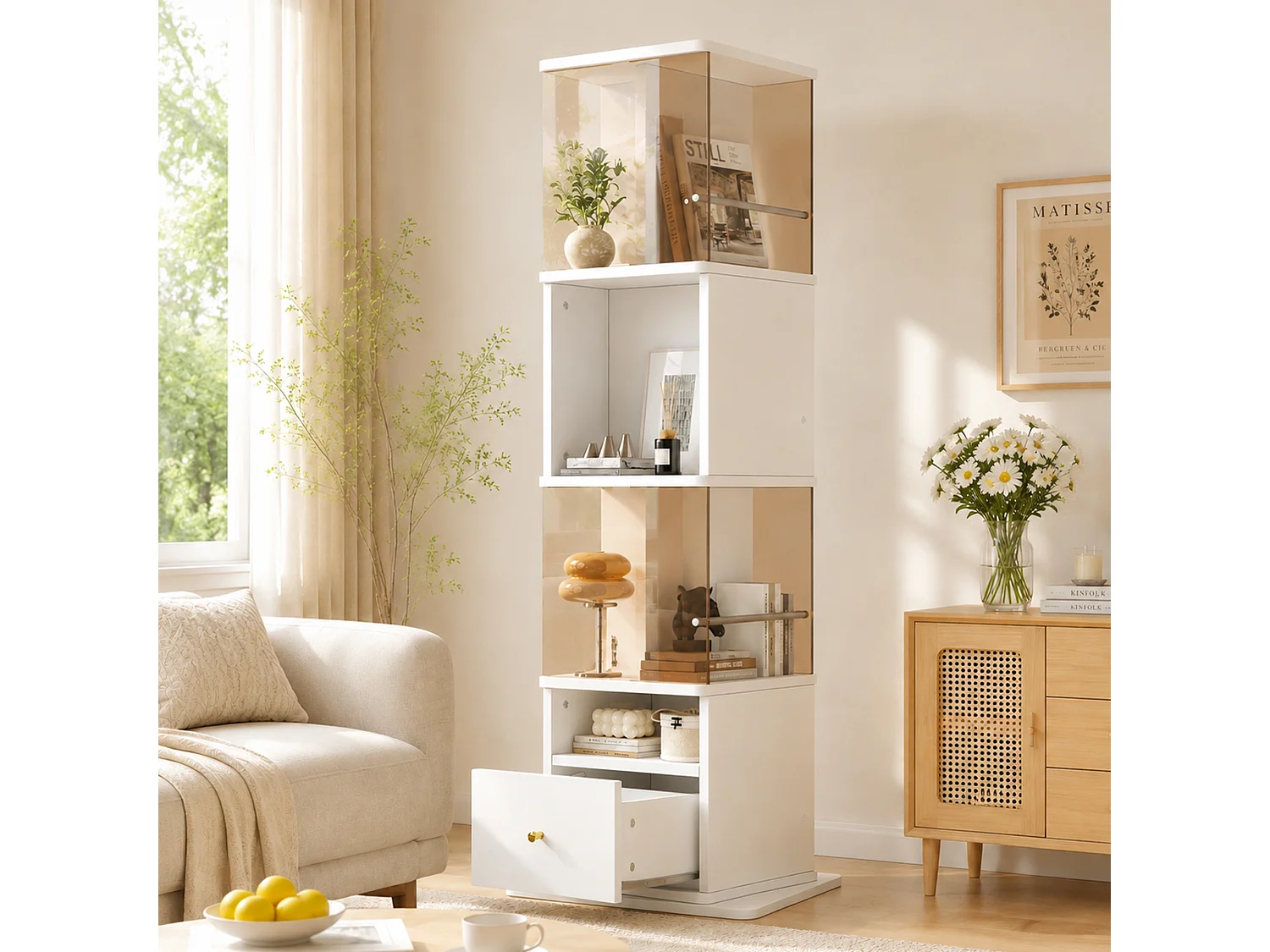 360° rotating display case with tempered glass, lighting and 1 drawer - MDF and glass - 50 x 50 x 160 cm - White and brown