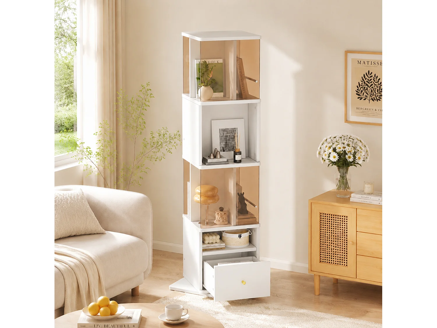 360° rotating display case with tempered glass, lighting and 1 drawer - MDF and glass - 50 x 50 x 160 cm - White and brown