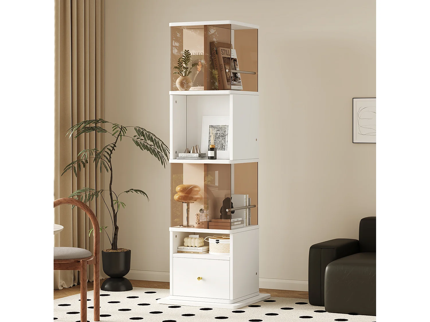 360° rotating display case with tempered glass, lighting and 1 drawer - MDF and glass - 50 x 50 x 160 cm - White and brown