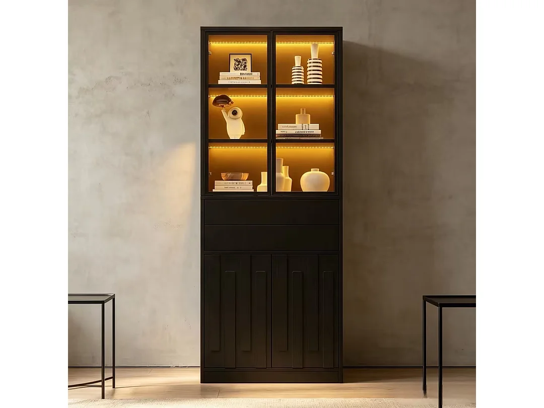 Set of 2 display cabinets with 8 doors (4 glass), 4 drawers and Bluetooth LED lighting - Particleboard - 140 x 34 x 180 cm - Black