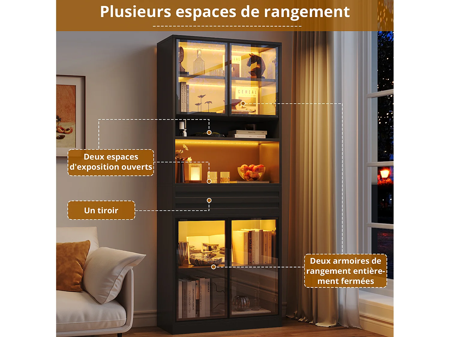 Display cabinet with 4 glass doors, 1 drawer and RGB LED lighting - MDF - 80 x 35 x 200 cm - Black