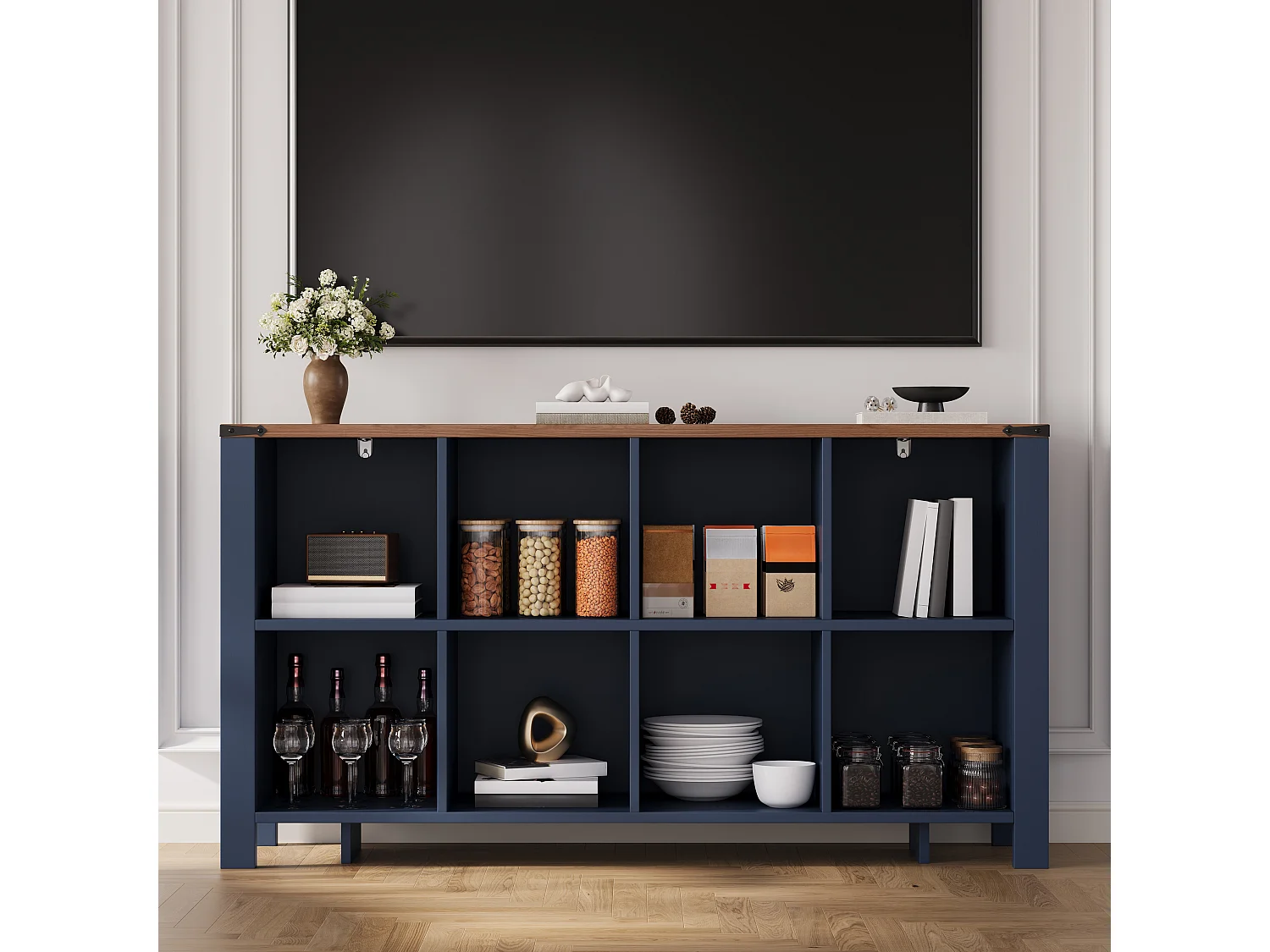 Aparador baixo de cozinha com 8 compartimentos abertos - MDF - 140 x 34 x 75 cm - Azul escuro com efeito madeira