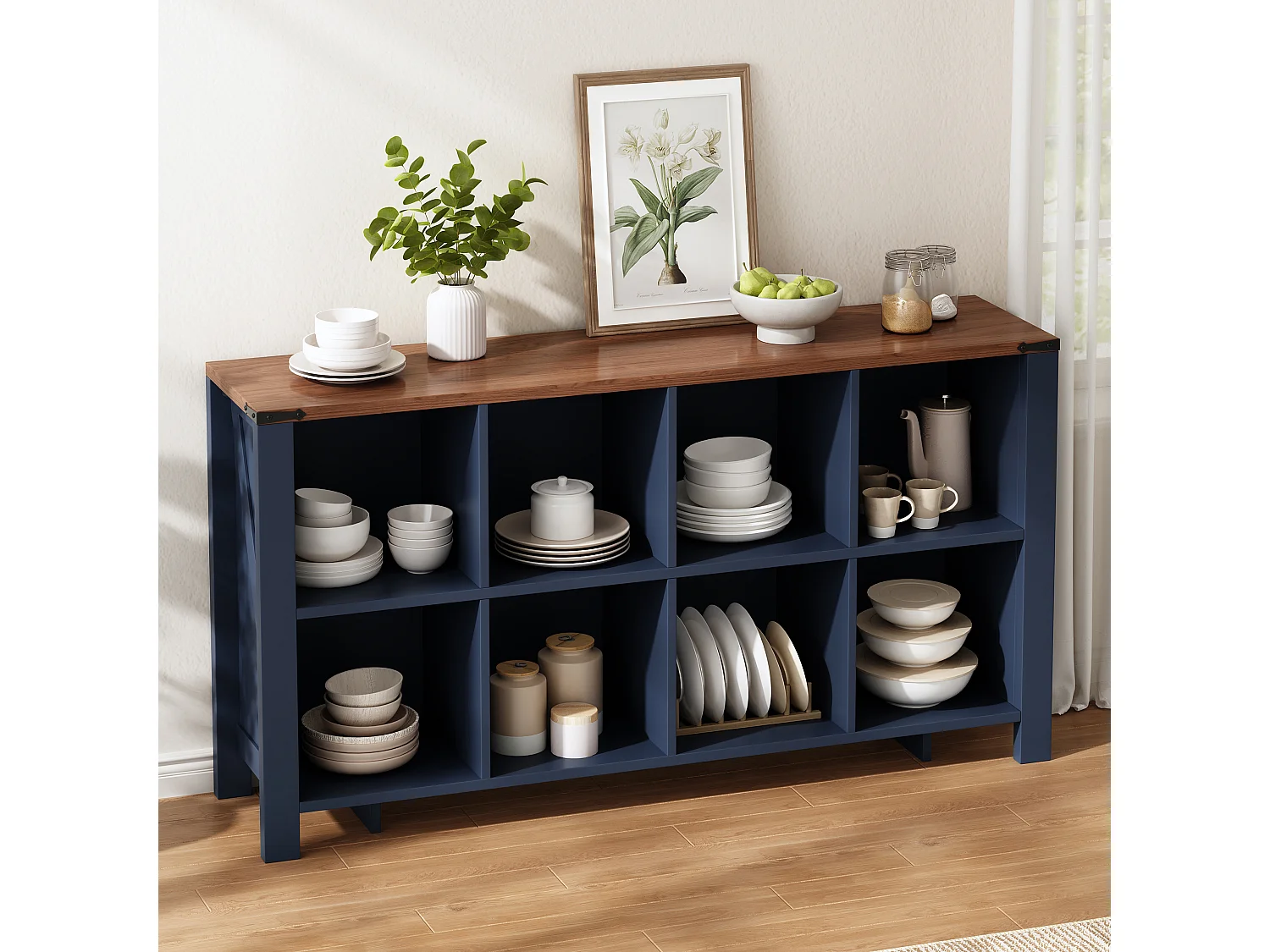Aparador baixo de cozinha com 8 compartimentos abertos - MDF - 140 x 34 x 75 cm - Azul escuro com efeito madeira