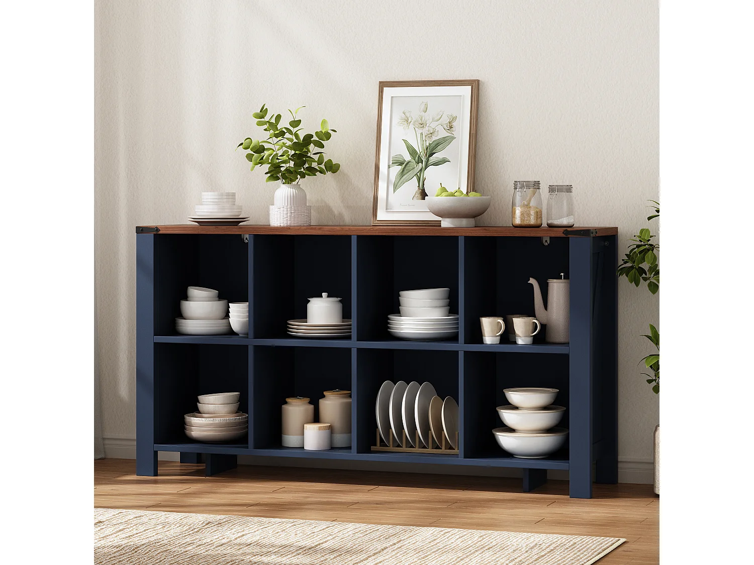 Aparador baixo de cozinha com 8 compartimentos abertos - MDF - 140 x 34 x 75 cm - Azul escuro com efeito madeira