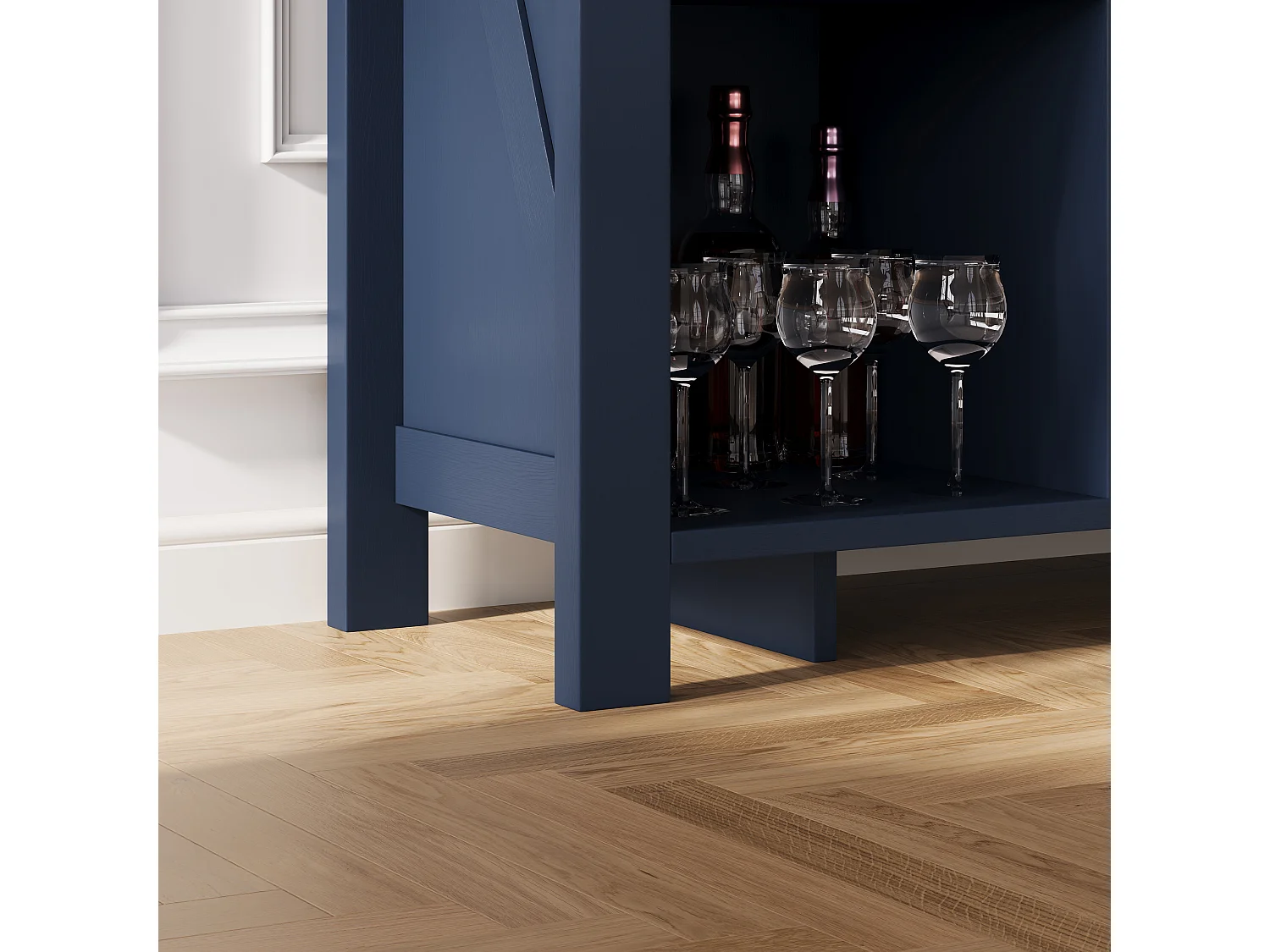 Aparador baixo de cozinha com 8 compartimentos abertos - MDF - 140 x 34 x 75 cm - Azul escuro com efeito madeira
