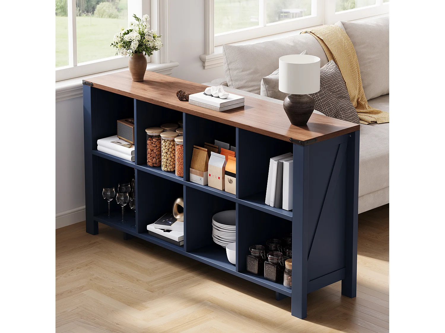 Aparador baixo de cozinha com 8 compartimentos abertos - MDF - 140 x 34 x 75 cm - Azul escuro com efeito madeira