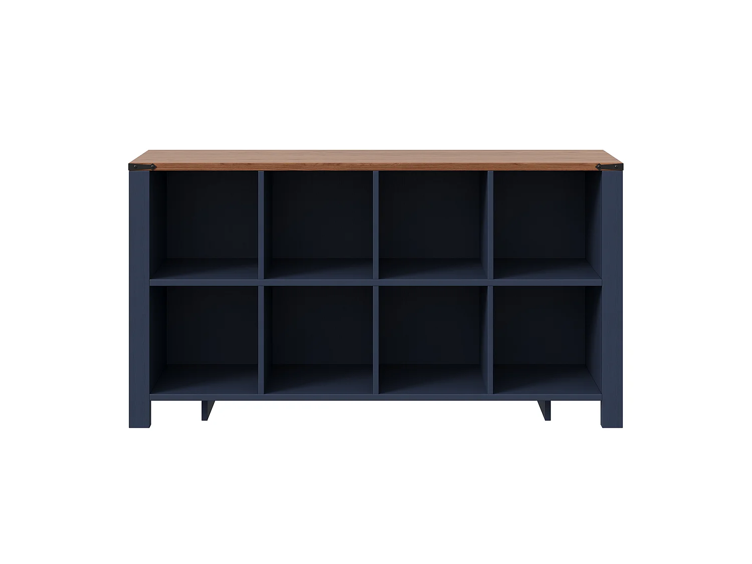 Aparador baixo de cozinha com 8 compartimentos abertos - MDF - 140 x 34 x 75 cm - Azul escuro com efeito madeira