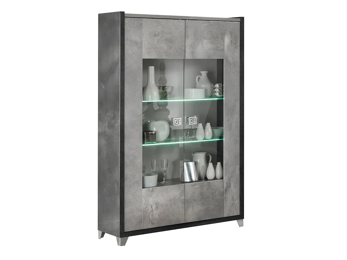 Vitrine 2 portes aspect béton ciré 2 tons avec Led - HAMPTON