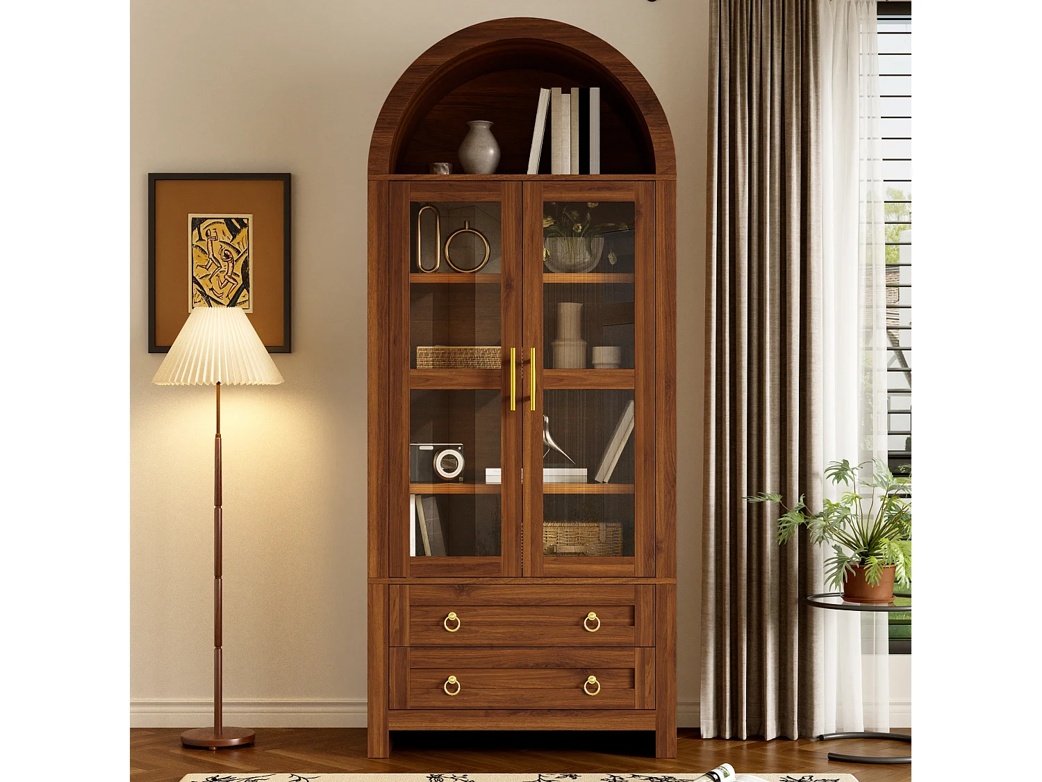 Vitrine haute cintrée avec 2 portes en verre trempé, 2 tiroirs et LED - MDF et panneaux de particules - 76 x 40 x 180 cm - Noyer