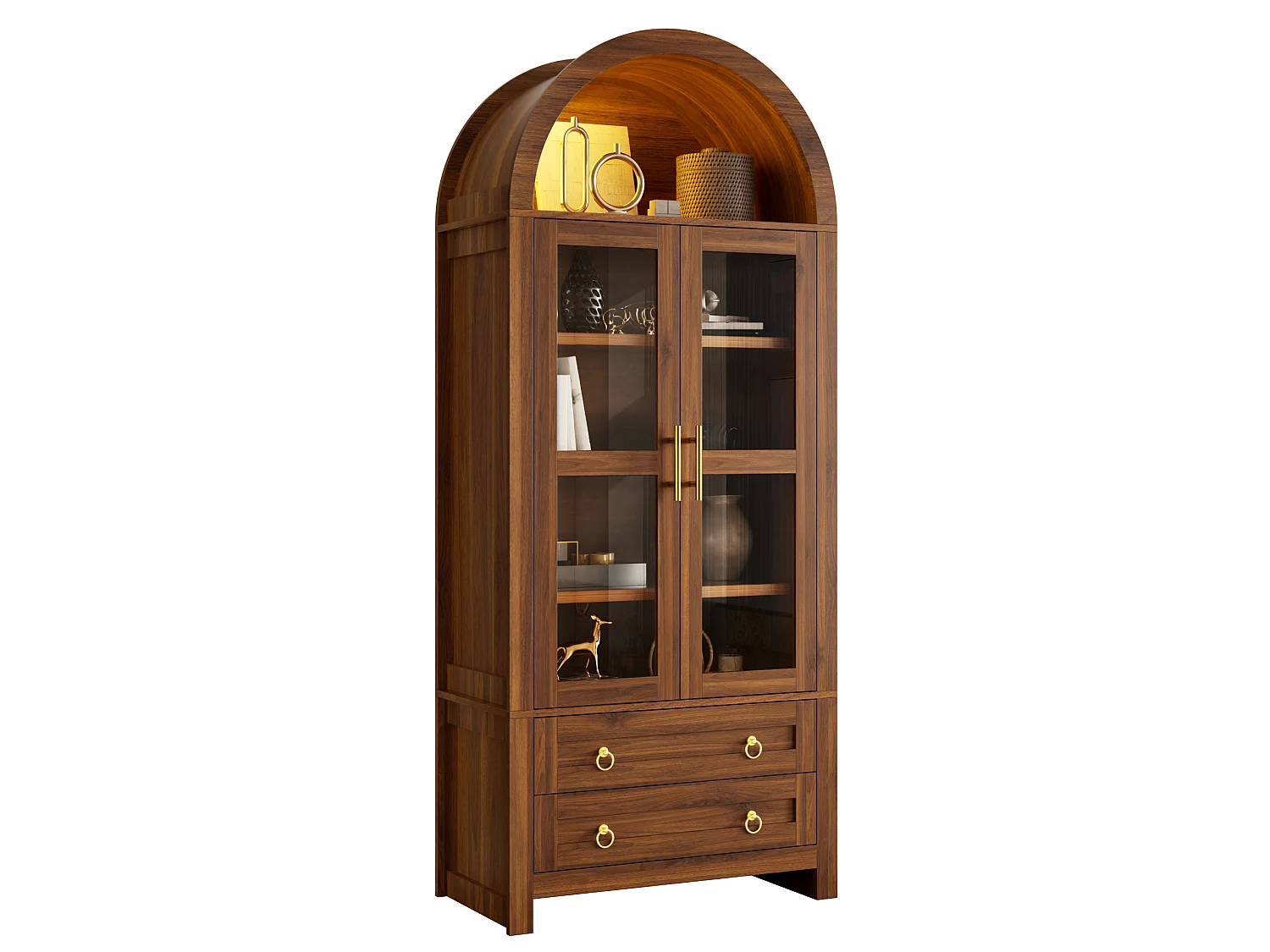 Vitrine haute cintrée avec 2 portes en verre trempé, 2 tiroirs et LED - MDF et panneaux de particules - 76 x 40 x 180 cm - Noyer