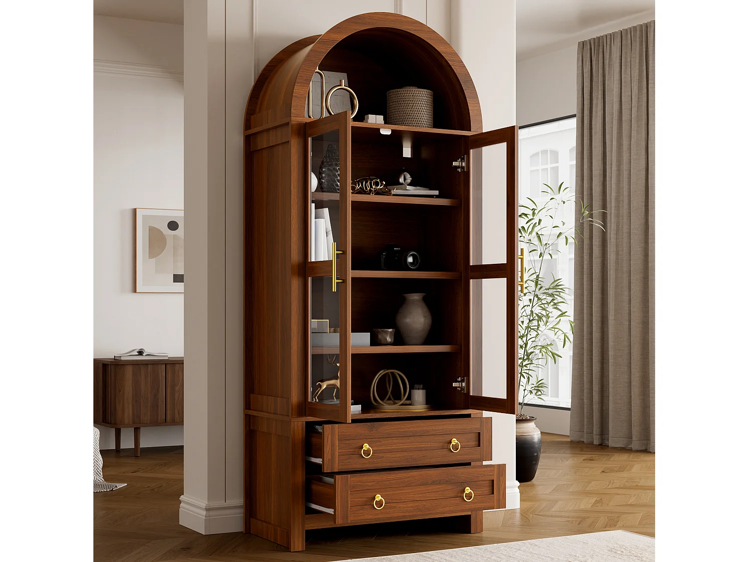 Vitrine haute cintrée avec 2 portes en verre trempé, 2 tiroirs et LED - MDF et panneaux de particules - 76 x 40 x 180 cm - Noyer