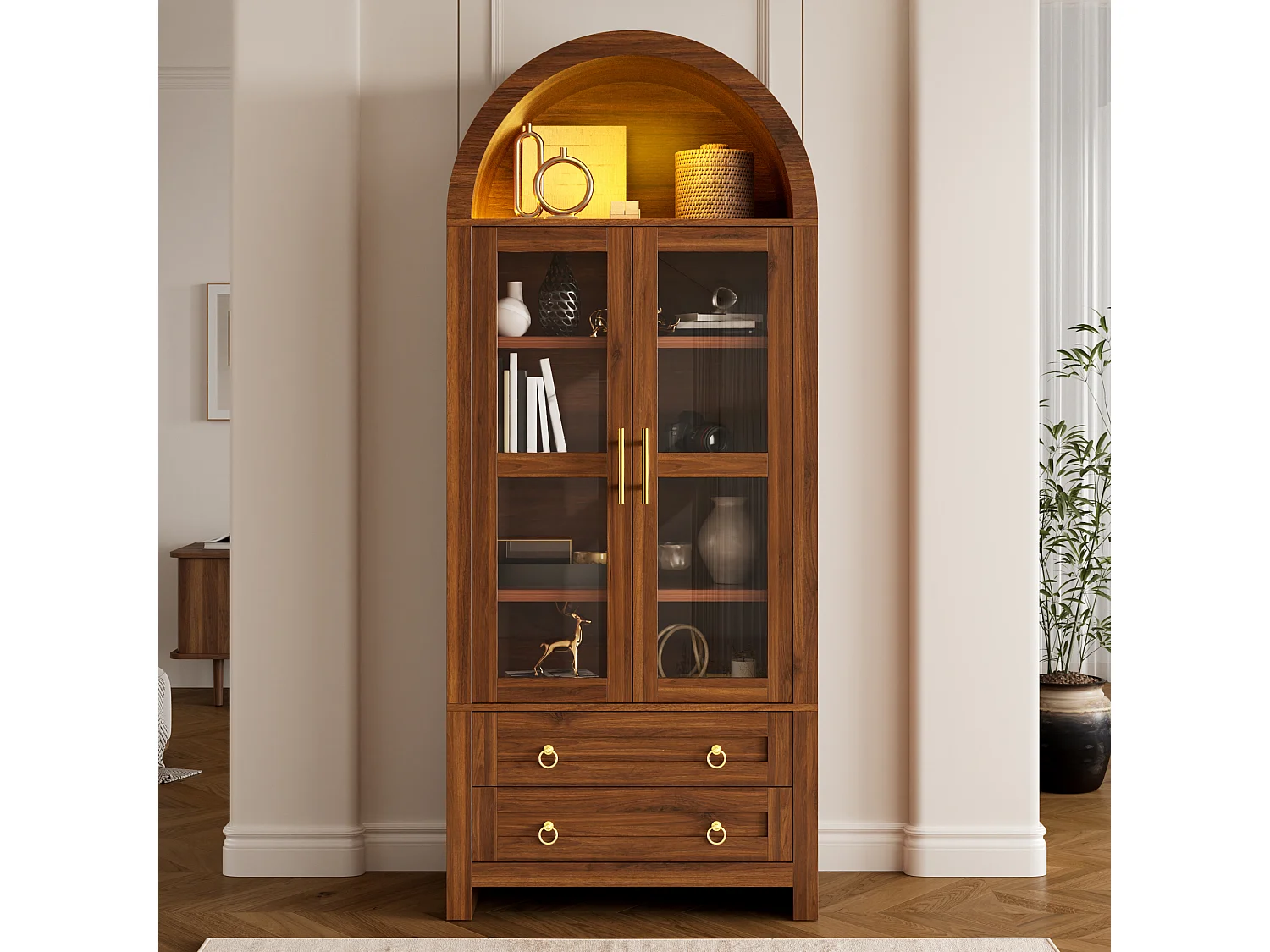 Vitrine haute cintrée avec 2 portes en verre trempé, 2 tiroirs et LED - MDF et panneaux de particules - 76 x 40 x 180 cm - Noyer