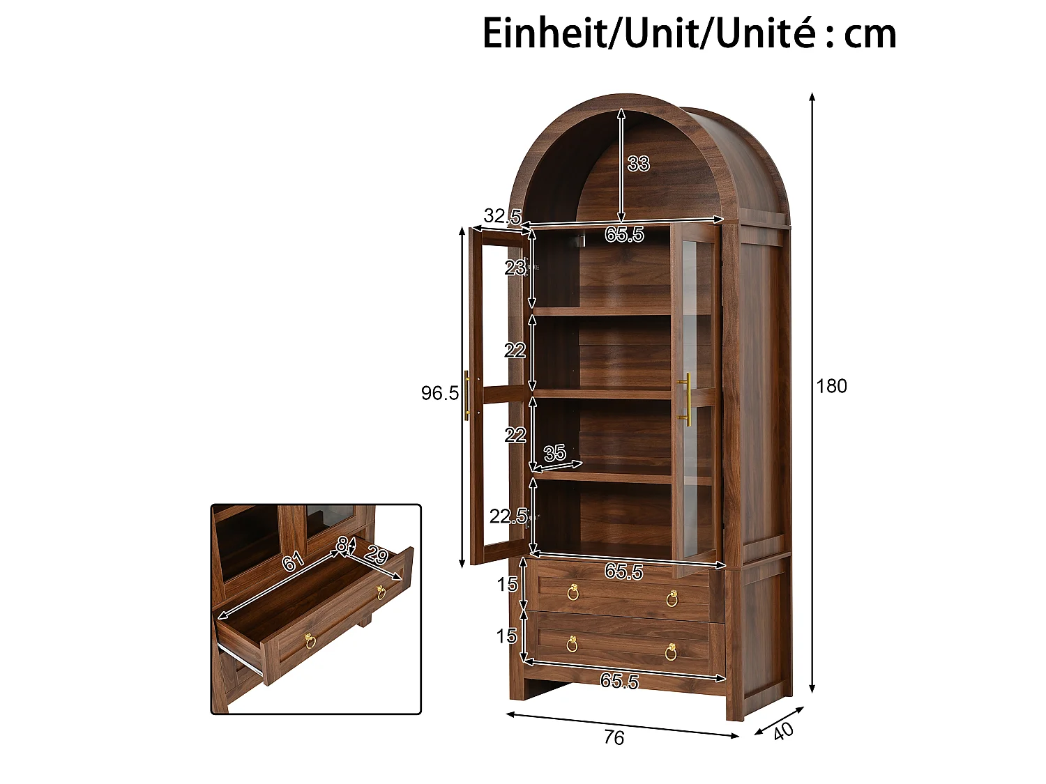 Vitrine haute cintrée avec 2 portes en verre trempé, 2 tiroirs et LED - MDF et panneaux de particules - 76 x 40 x 180 cm - Noyer