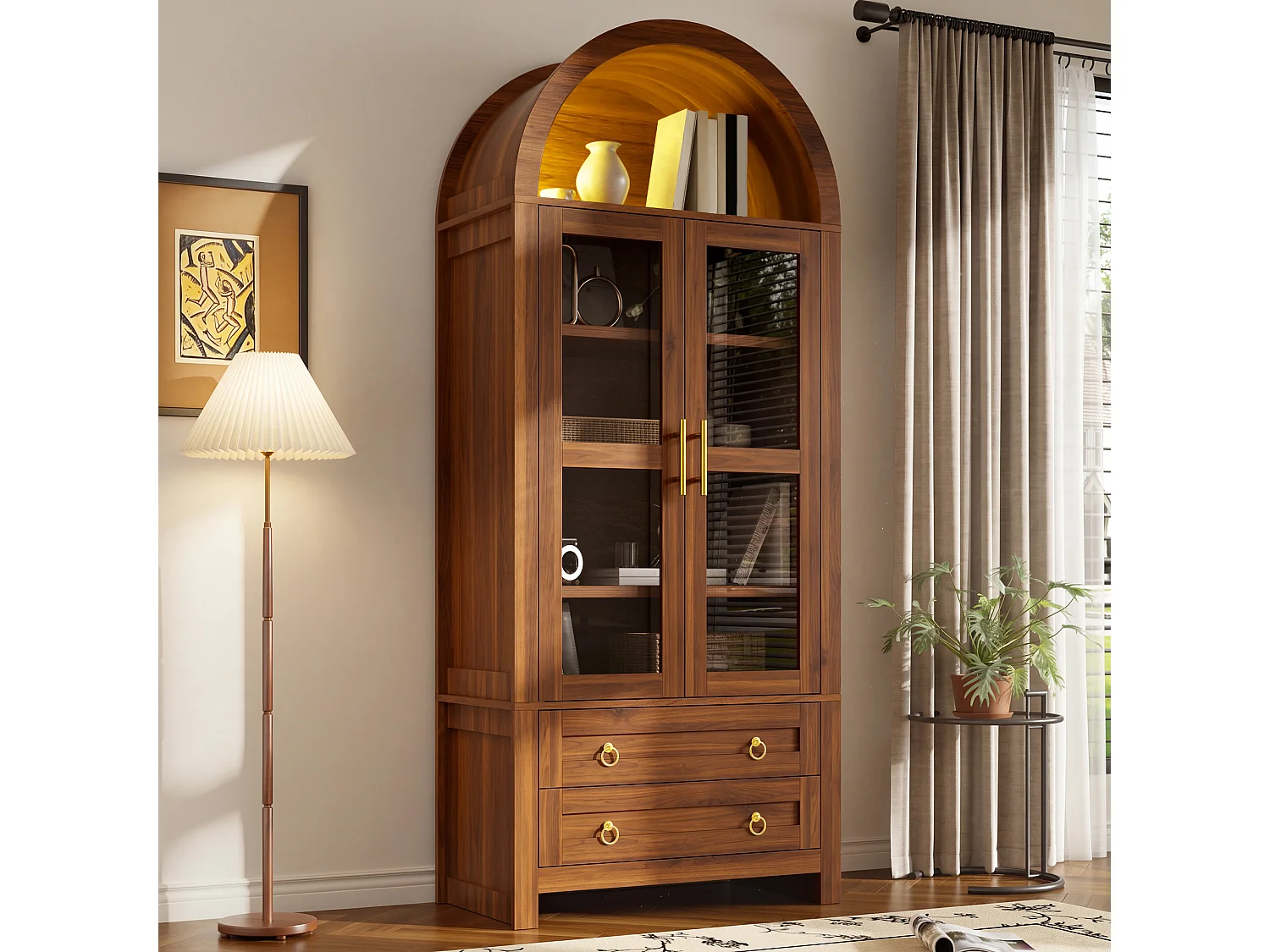 Vitrine haute cintrée avec 2 portes en verre trempé, 2 tiroirs et LED - MDF et panneaux de particules - 76 x 40 x 180 cm - Noyer