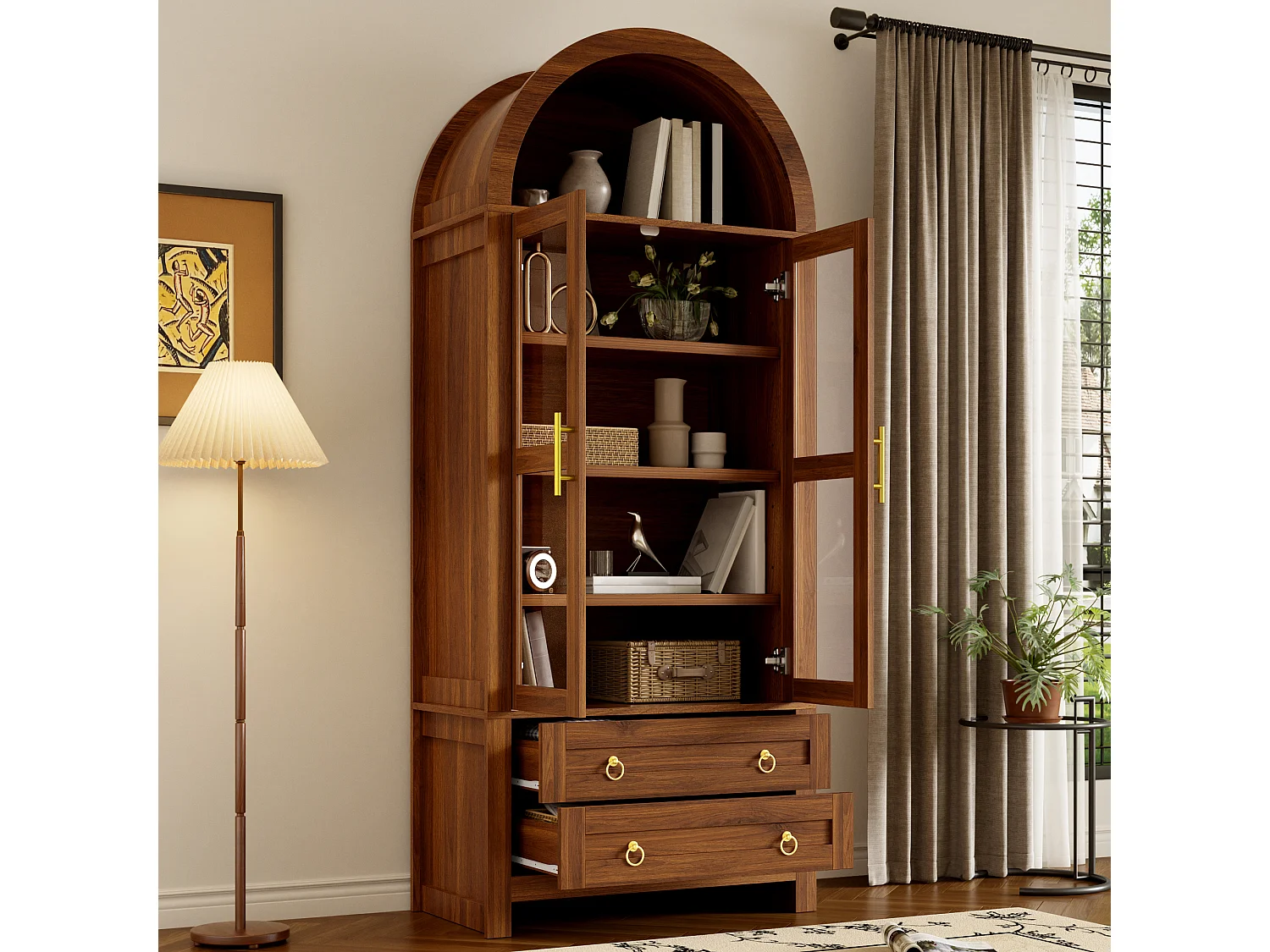Vitrine haute cintrée avec 2 portes en verre trempé, 2 tiroirs et LED - MDF et panneaux de particules - 76 x 40 x 180 cm - Noyer