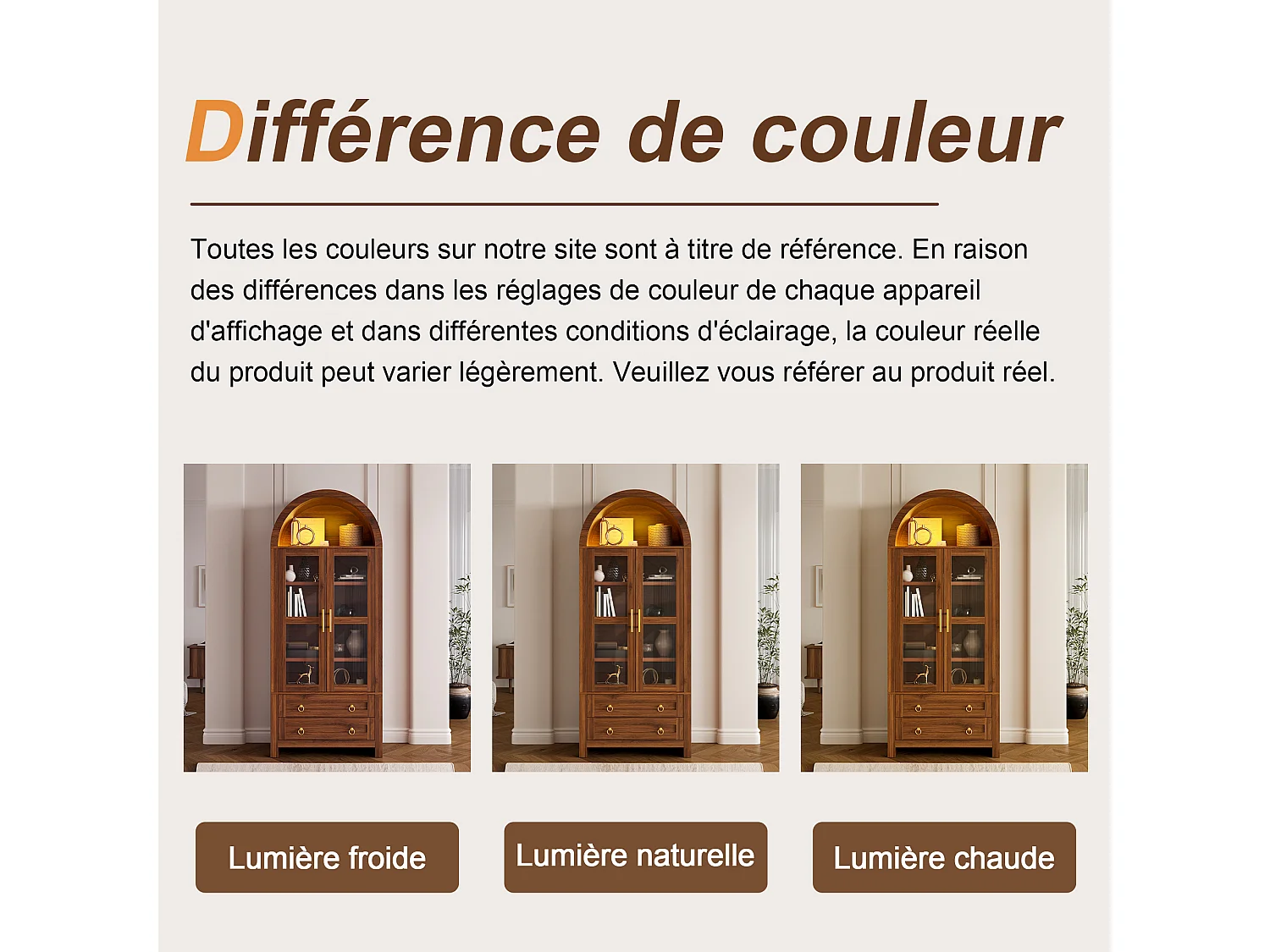 Vitrine haute cintrée avec 2 portes en verre trempé, 2 tiroirs et LED - MDF et panneaux de particules - 76 x 40 x 180 cm - Noyer