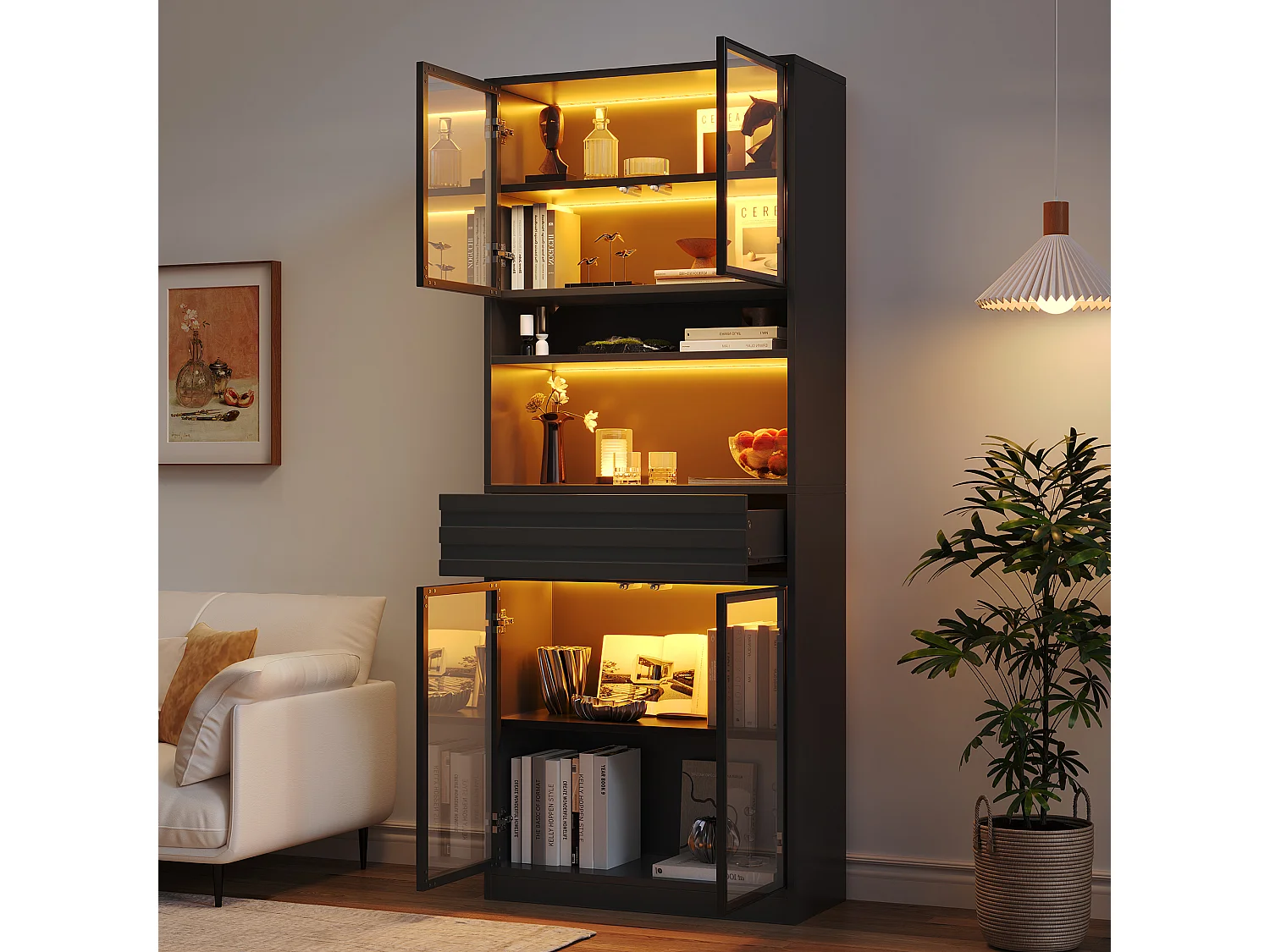 Set of 2 display cabinets with 8 glass doors, 2 drawers and LEDs - MDF - 160 x 35 x 200 cm - Black